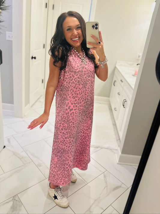 The Brooke Pink Leopard Midi Dress