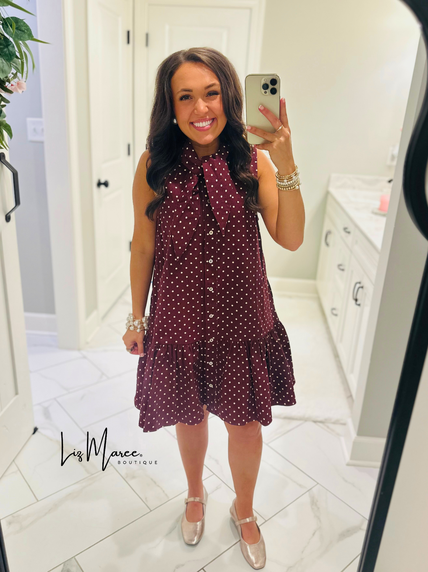 The Stella Burgundy Polka Dot Denim Dress