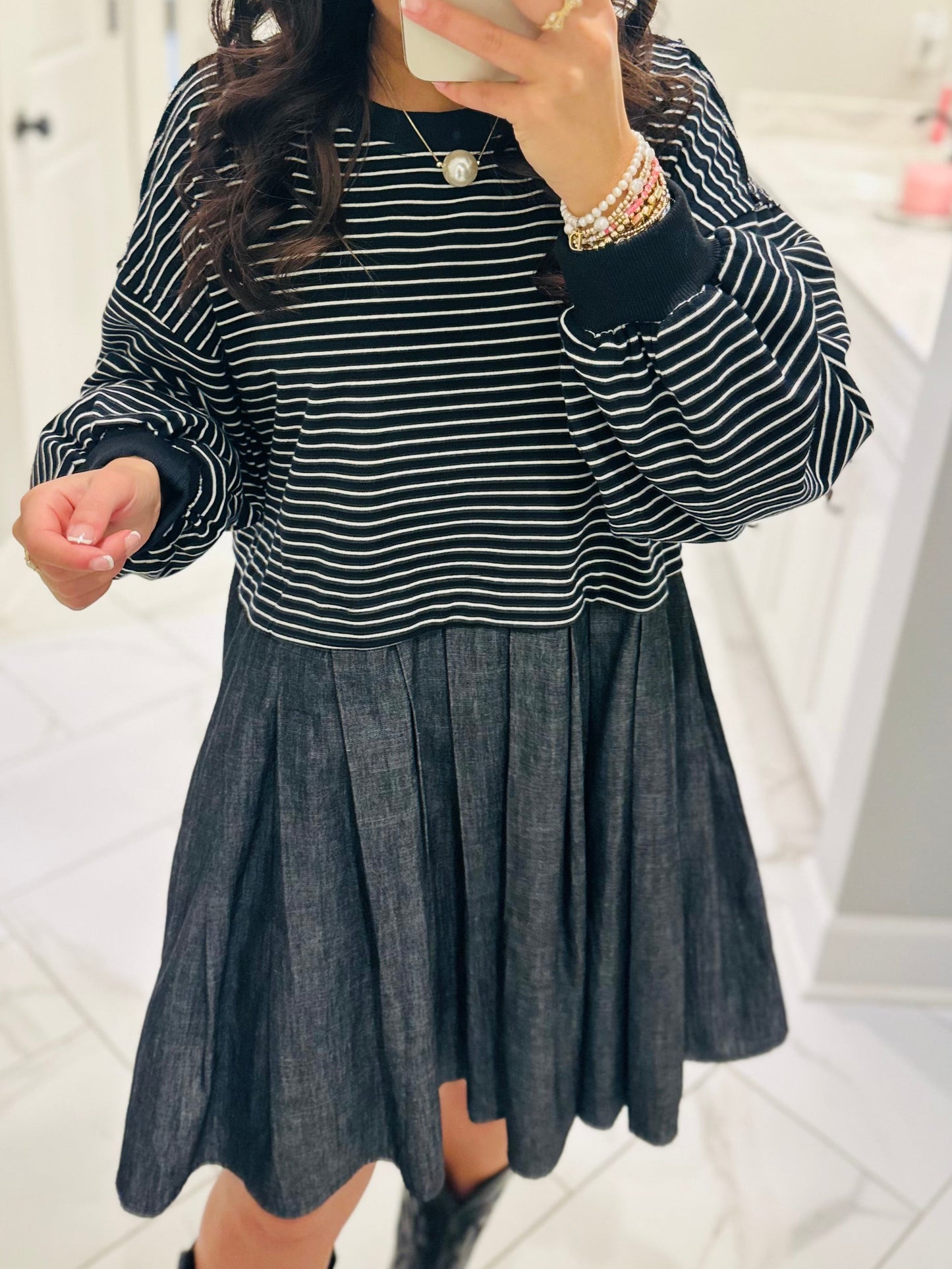 The Ella Long Sleeve Pleated Dress - Black / Denim