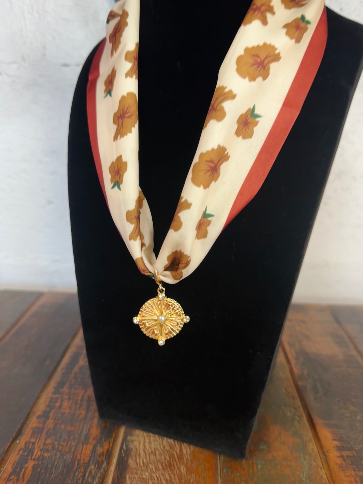 Brown Floral Silk Scarf + Gold Pendant Necklace