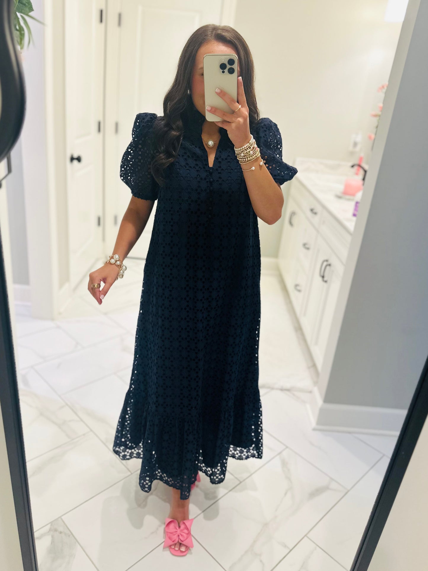 The Liz Navy Eyelet Midi Dress