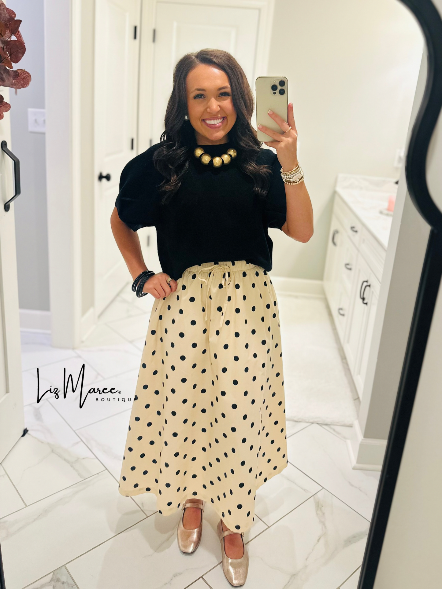 The Olivia Cream + Black Polka Dot Midi Skirt