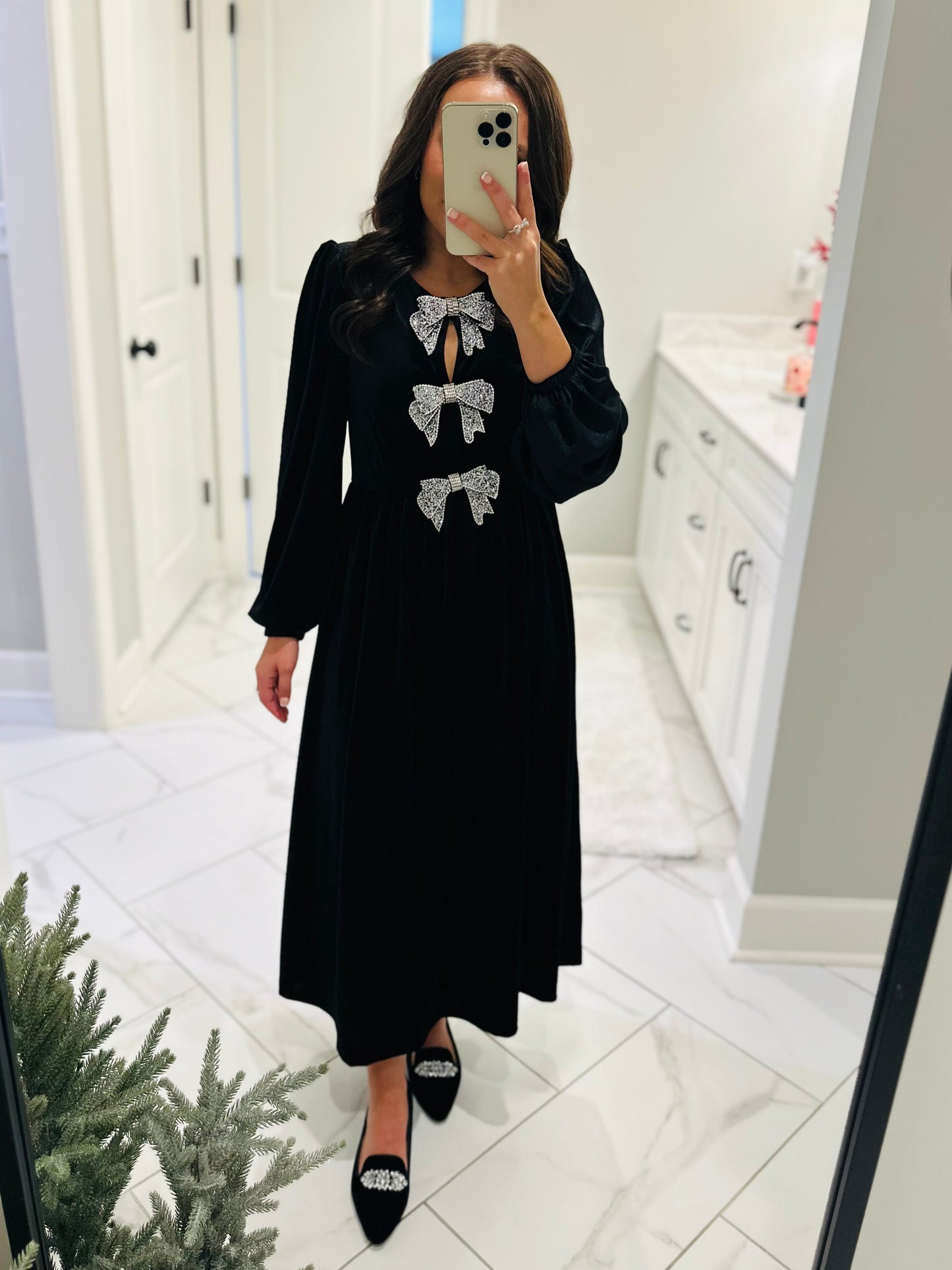 The Jenna Black Velvet Bow Midi Dress
