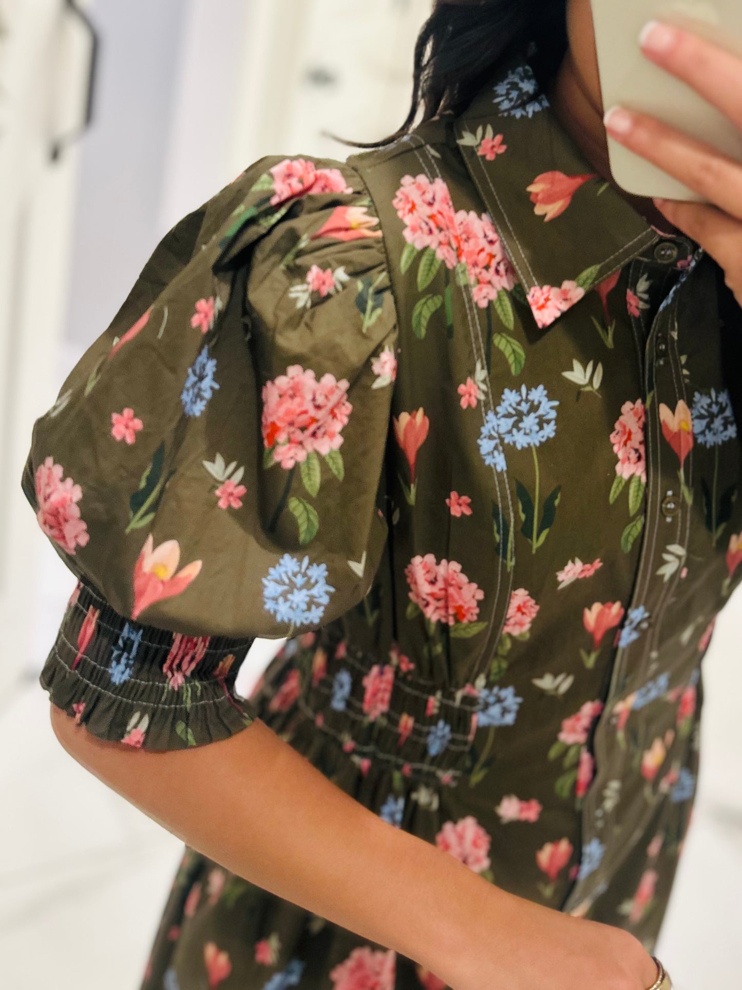 The Annie Olive Green Floral Midi Dress