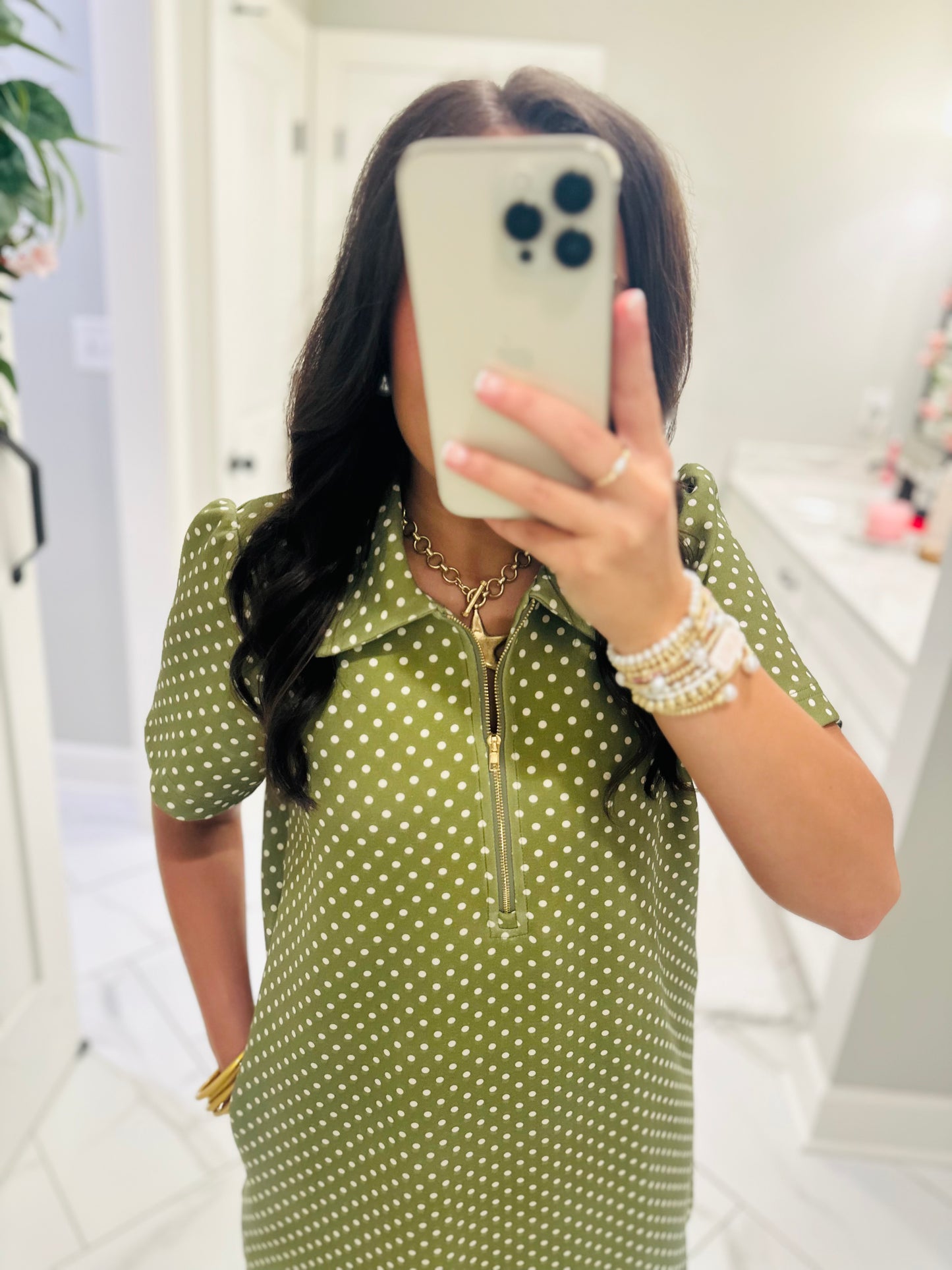 The Hadley Olive Green Polka Dot Quarter Zip Dress