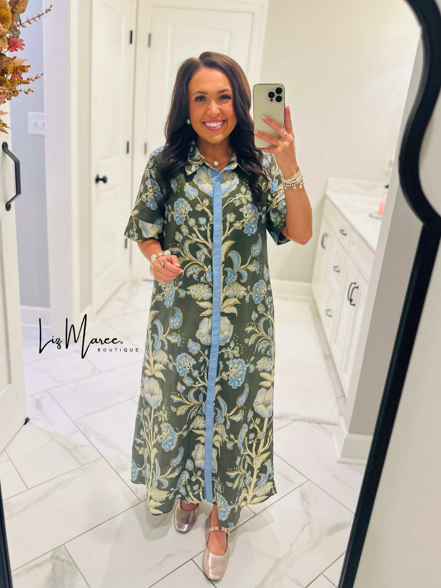 The Evie Olive Green + Blue Floral Midi Dress