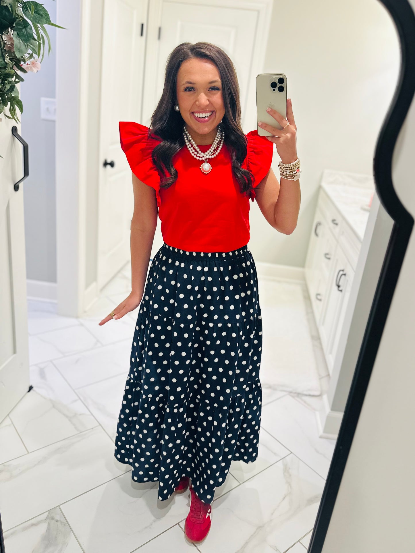 The Nanci Navy Polka Dot Tiered Midi Skirt