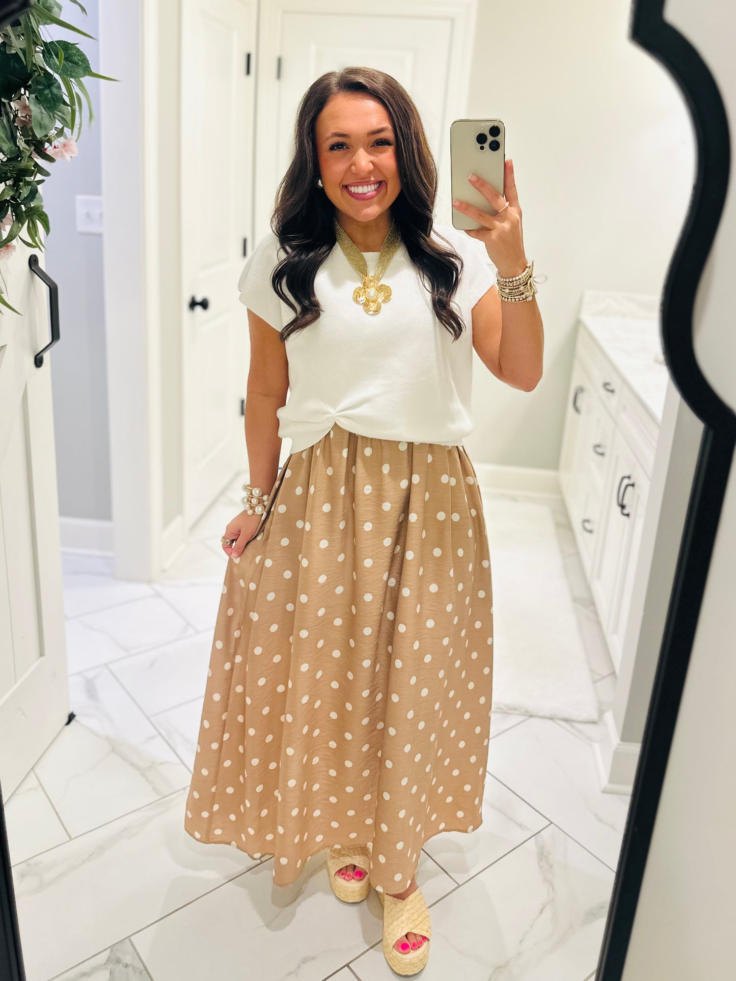 The Lennon Cream Tan Layered Polka Dot Midi Dress