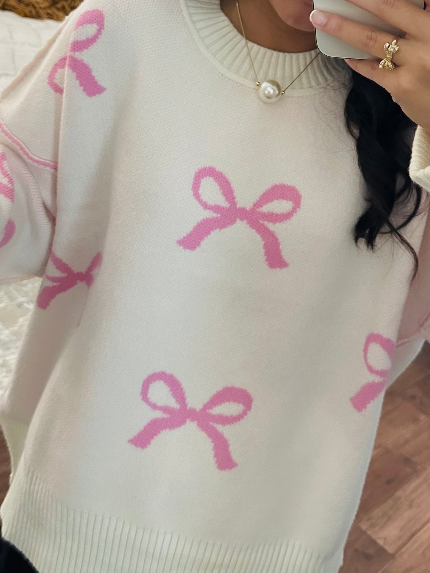 The Grace Pink + Cream Bow Sweater