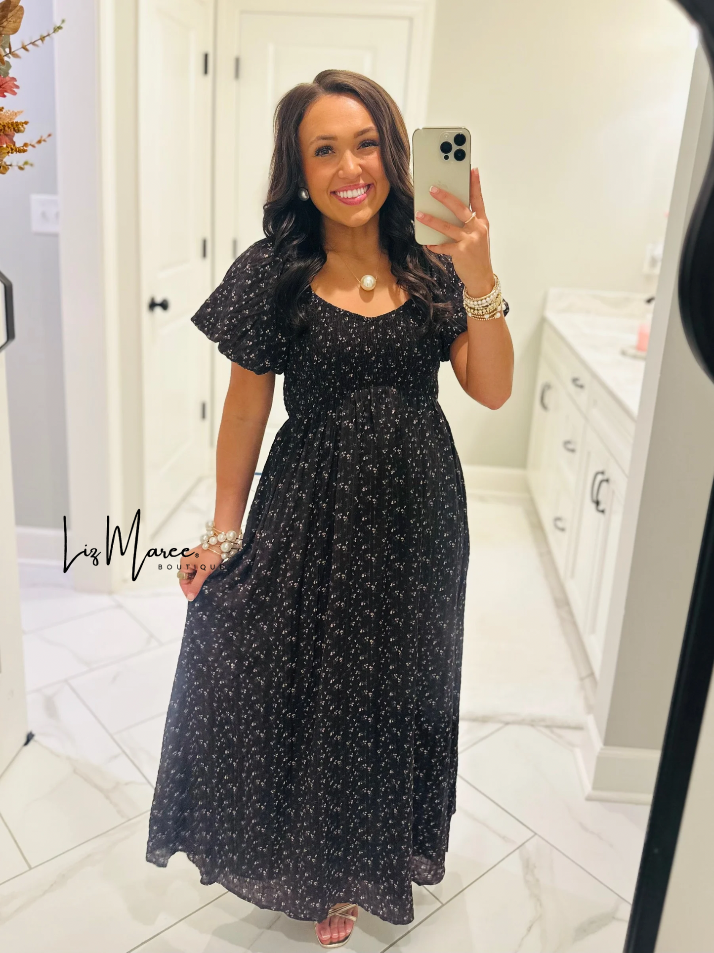 The Miley Dark Brown Ditsy Floral Smocked Maxi Dress