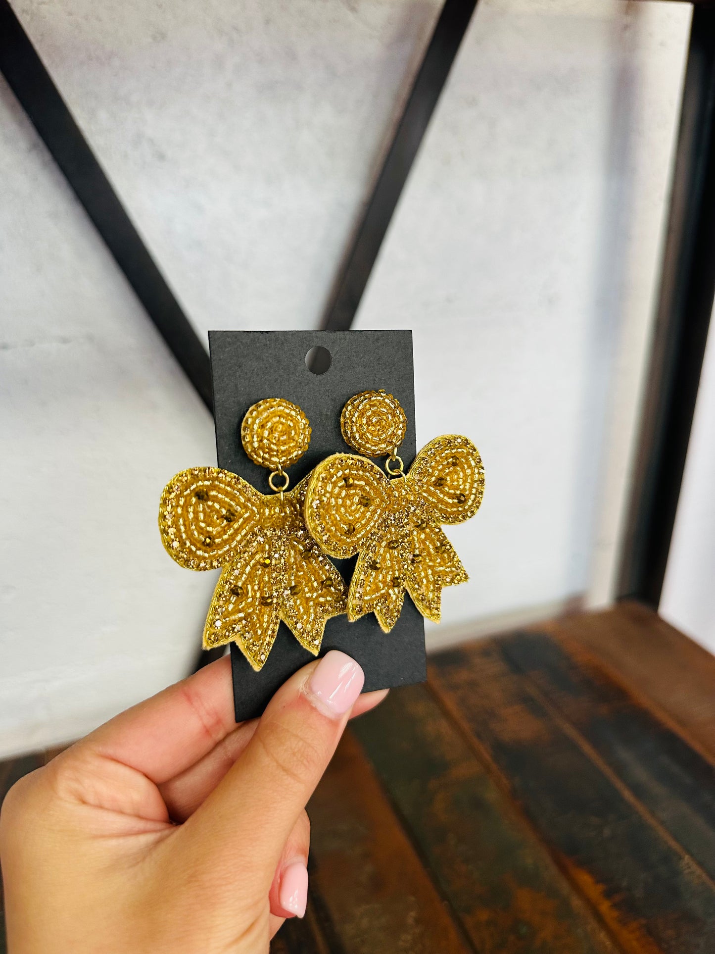 Gold Beaded Bow Earring