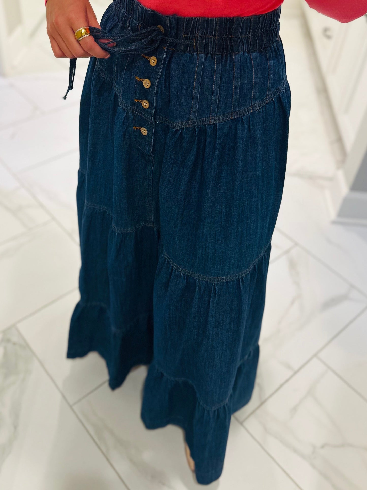 The Mamie Front Button Down Long Denim Skirt