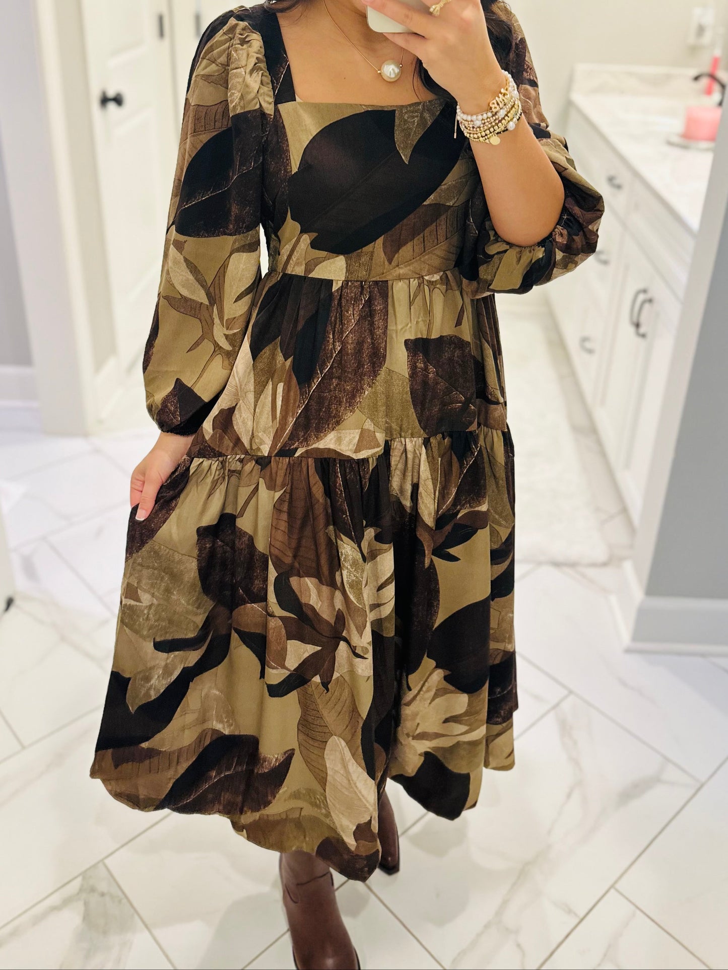 The Loretta Mocha Leaf Midi Dress
