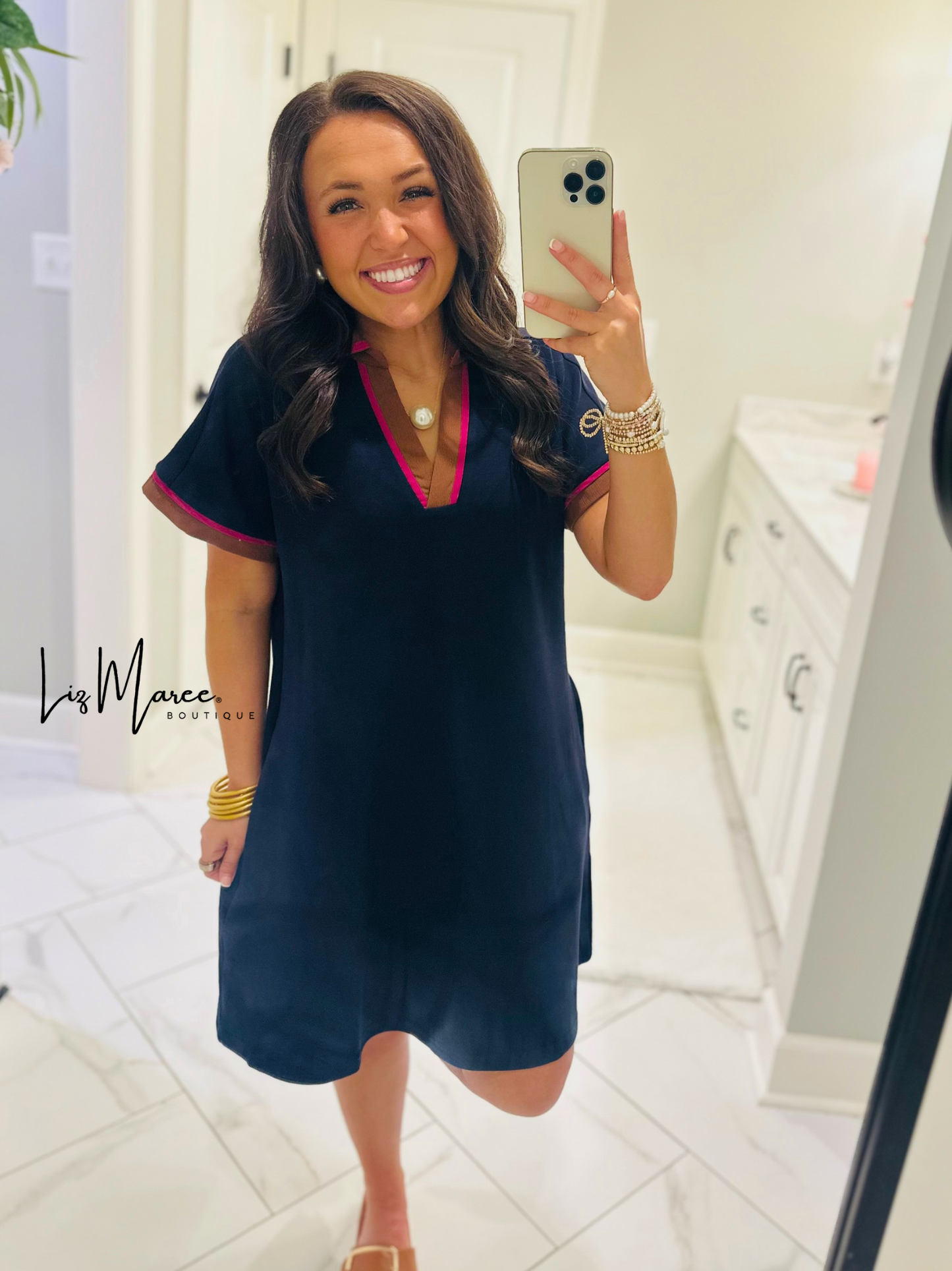 The Nina Navy Mix Collared Dress