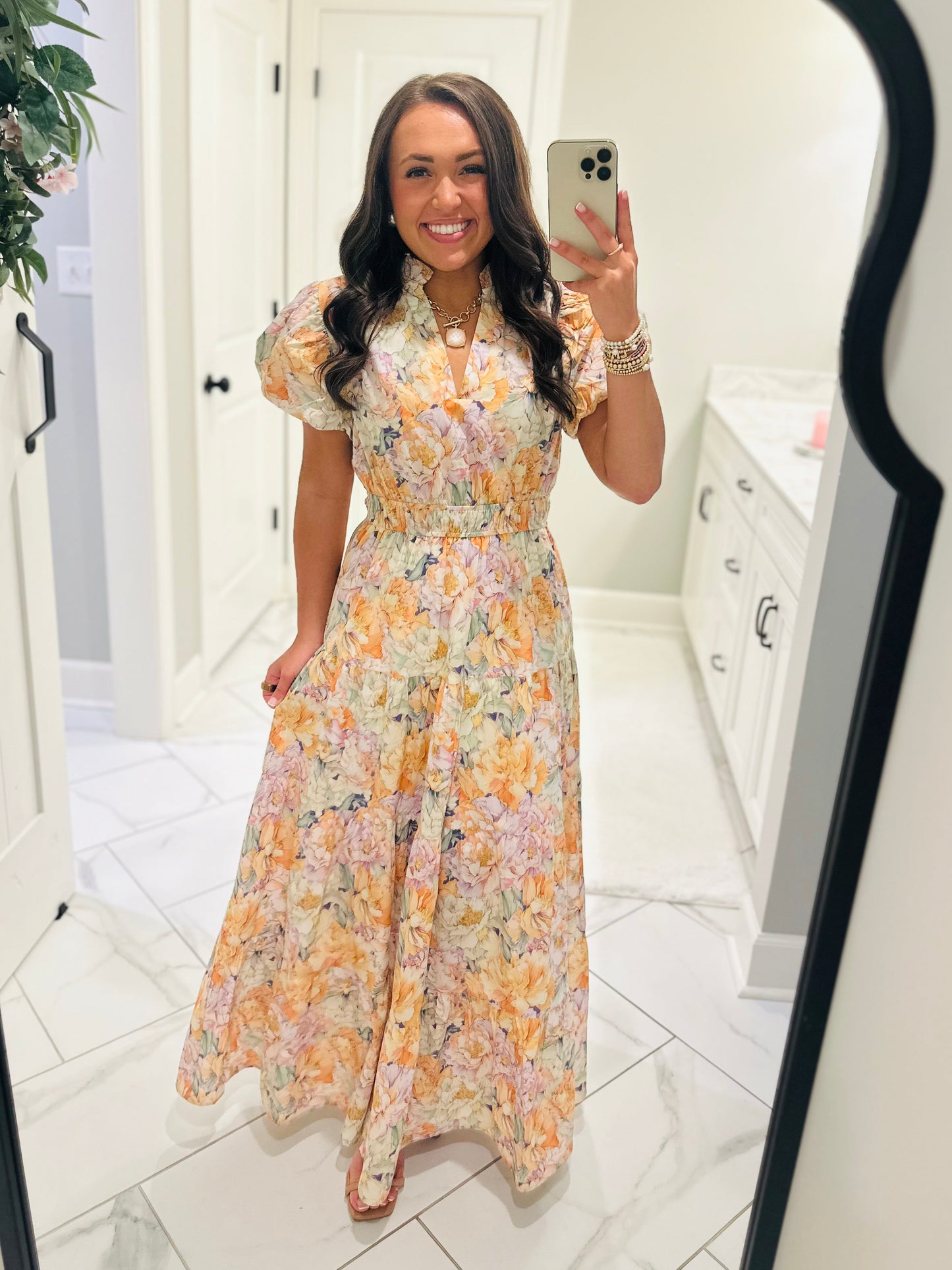 The Elizabeth Lavender + Orange Multicolor Floral Midi Dress