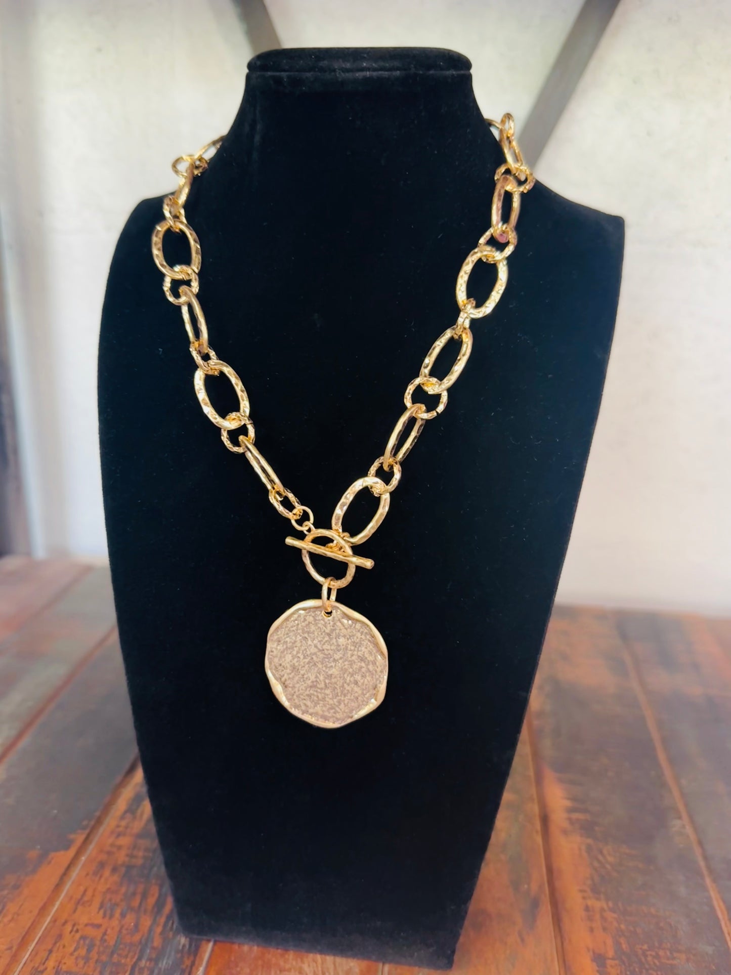 Gold Hammered Coin Charm Chain Necklace
