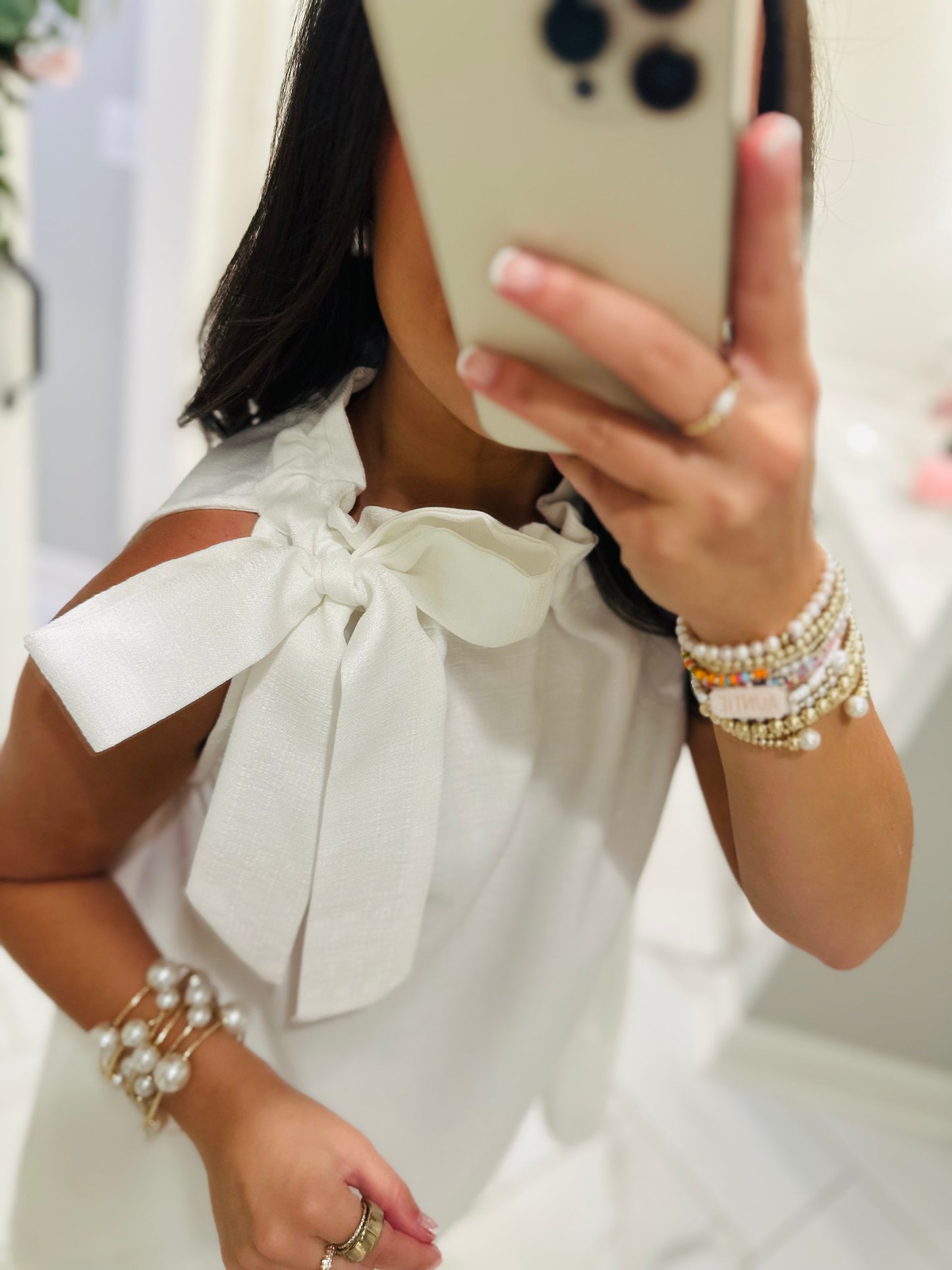 The Elizabeth White Tie Neck Shift Dress