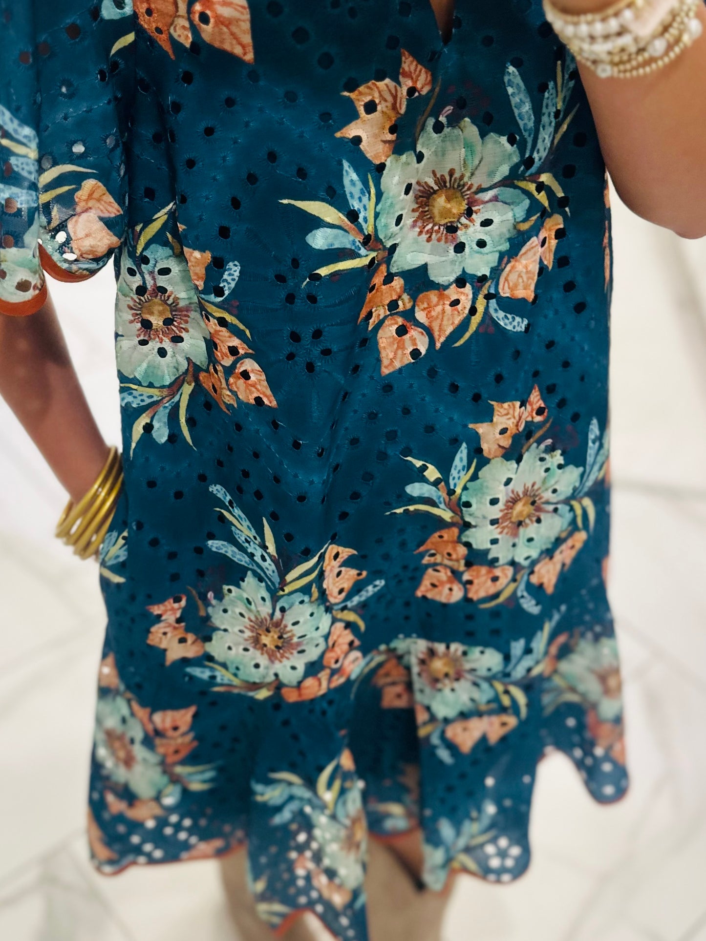 The Brinley Teal Green Floral Eyelet Scallop Dress