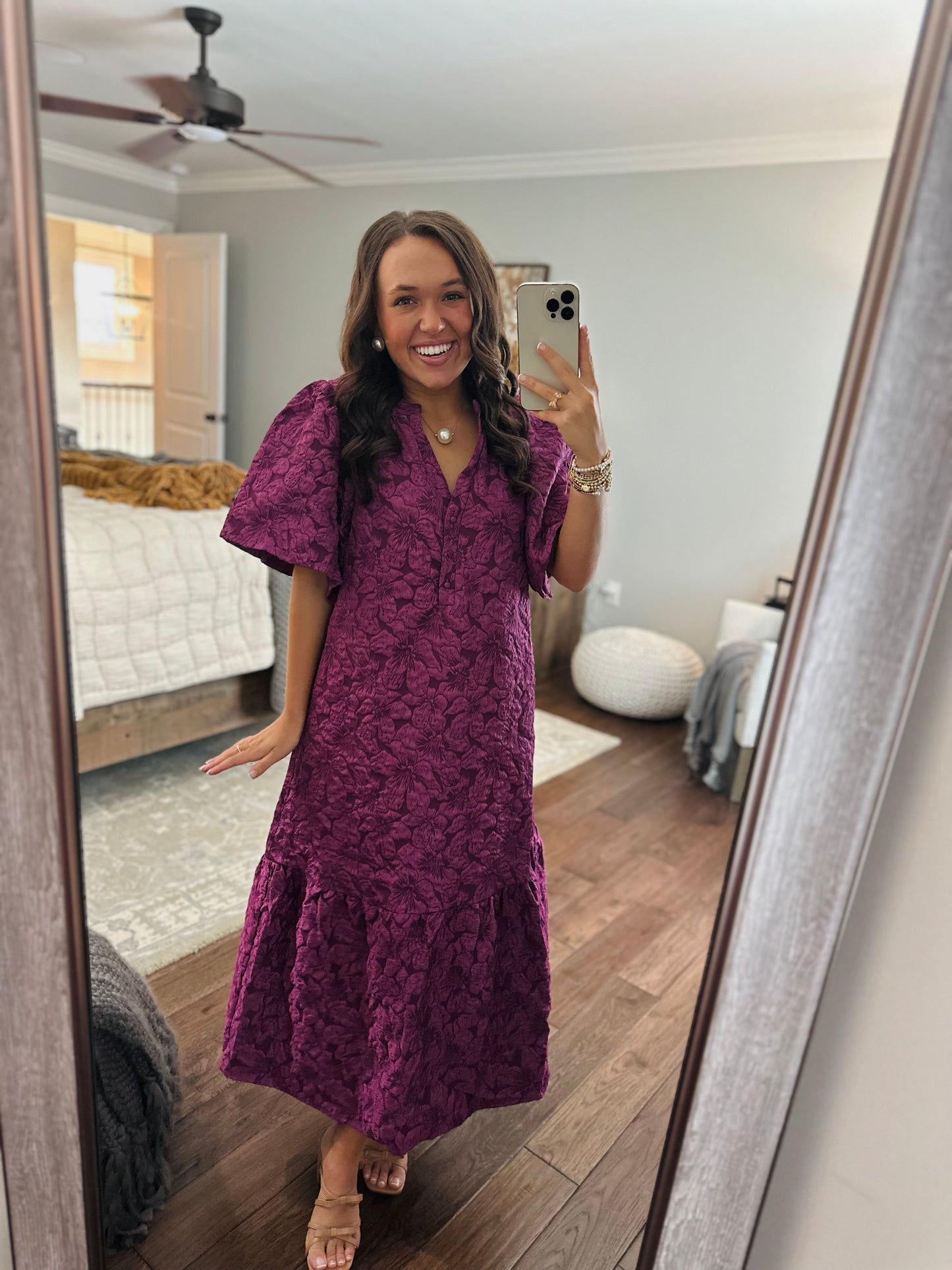 The Ada Plum Jacquard Floral Midi Dress