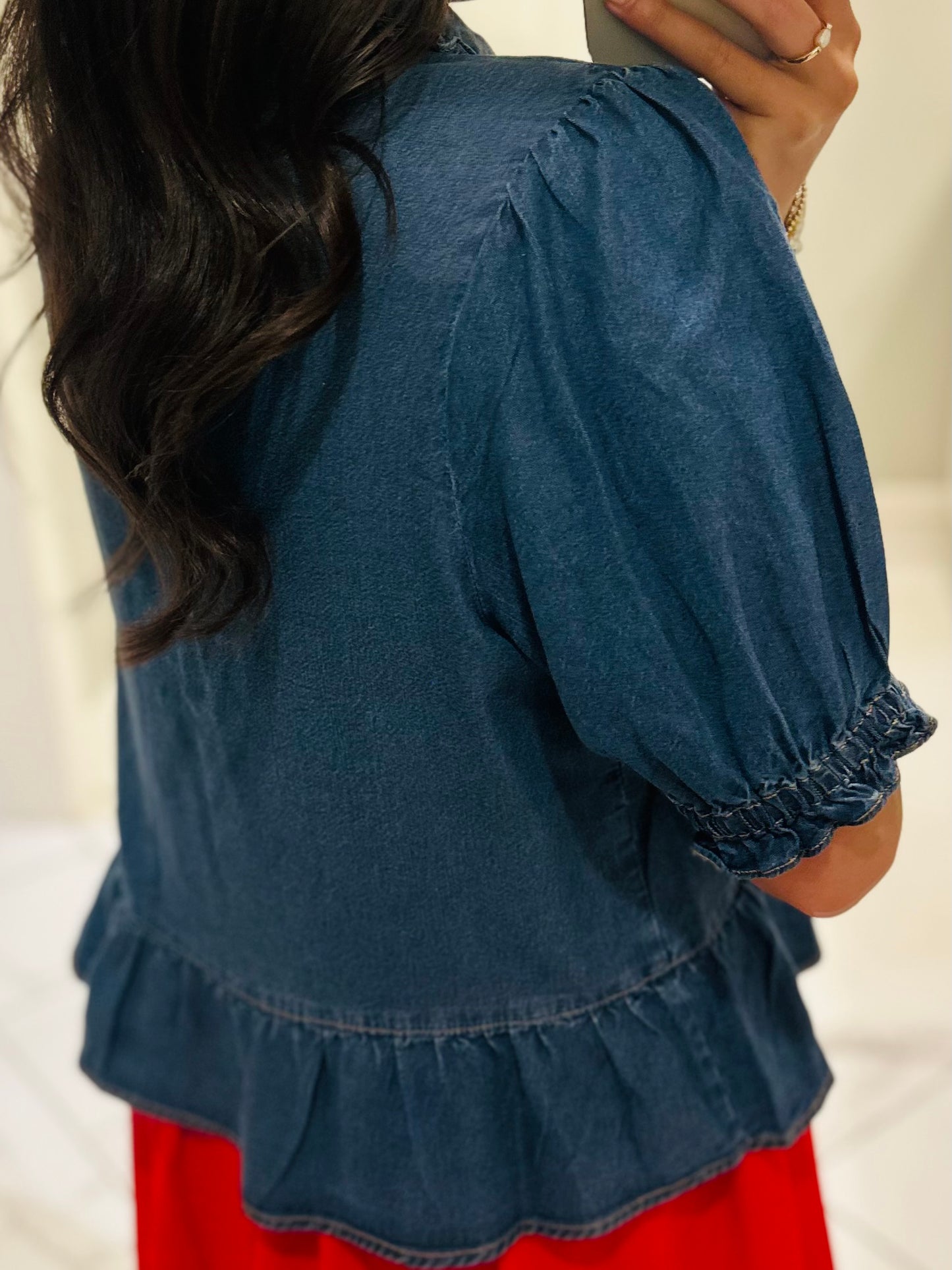 The Delilah Denim Ruffle Top