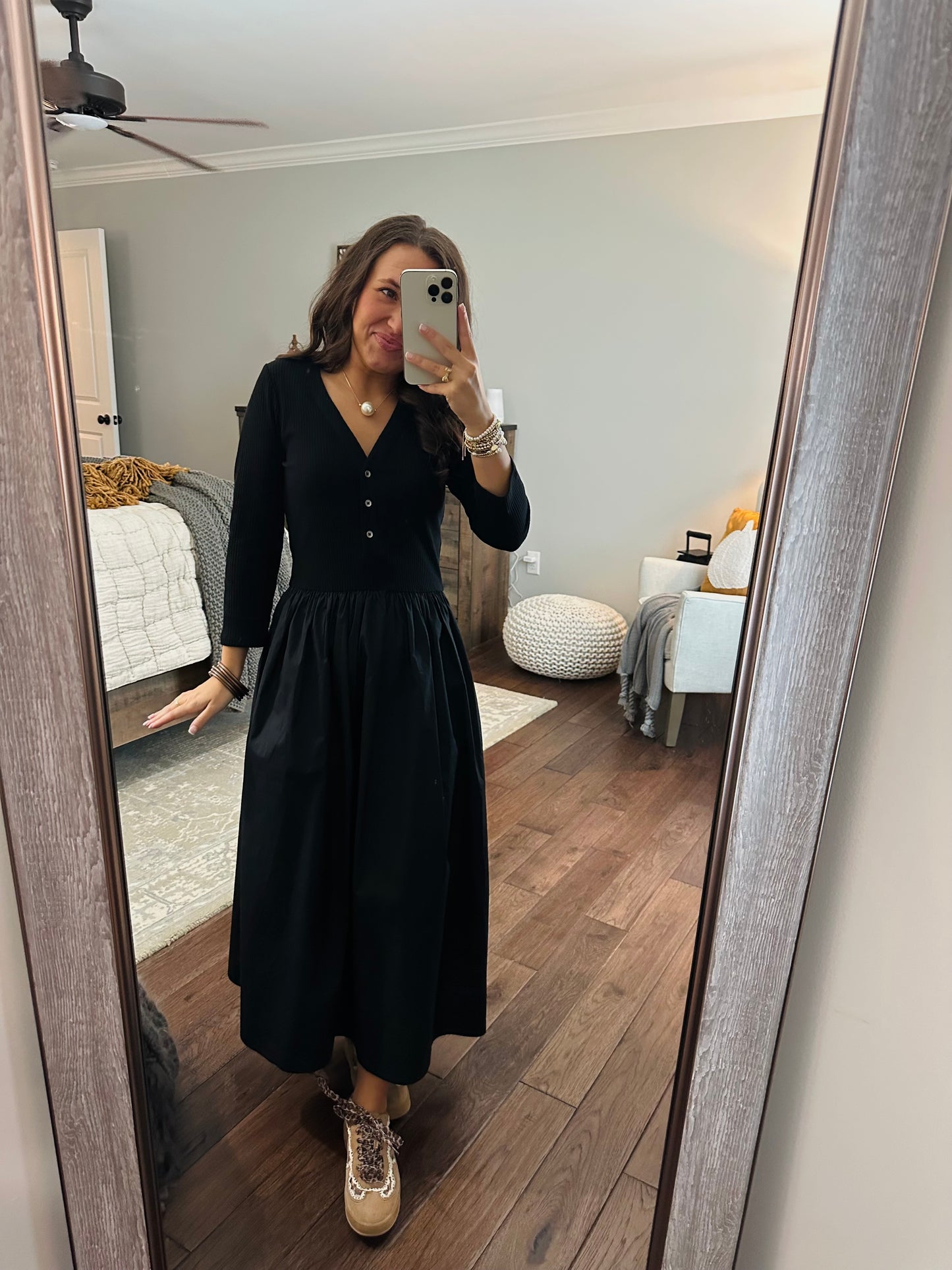 The Shelley Black Mix Knit Midi Dress