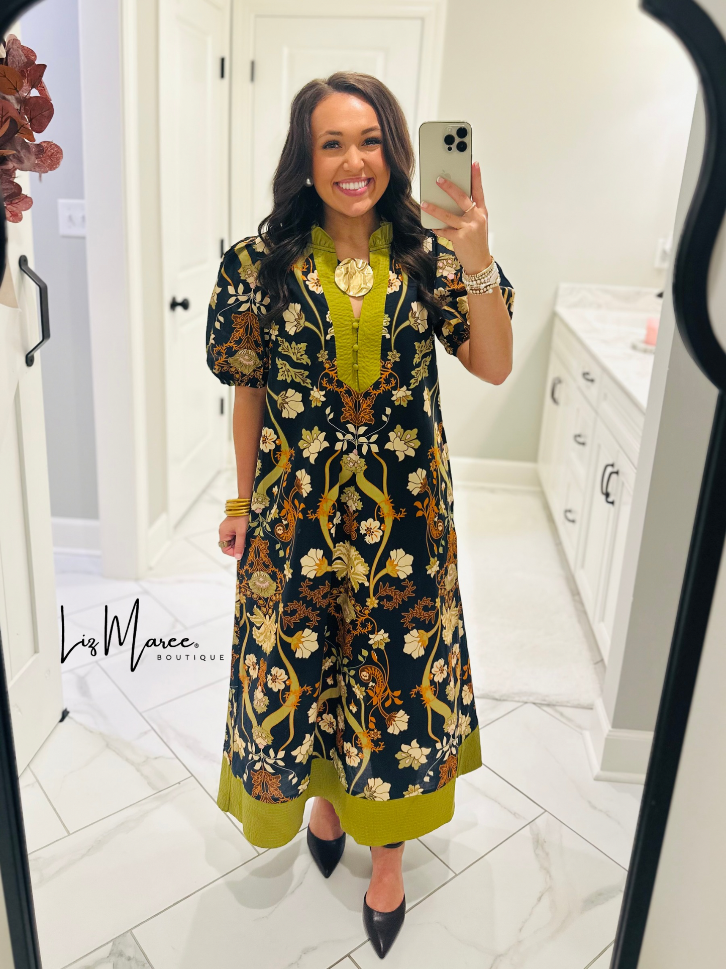 The Francesca Black + Olive Green Floral Midi Dress
