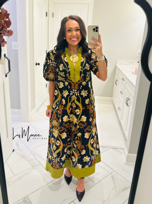 The Francesca Black + Olive Green Floral Midi Dress