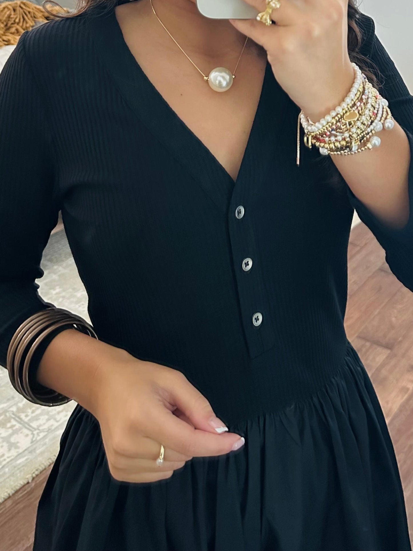 The Shelley Black Mix Knit Midi Dress