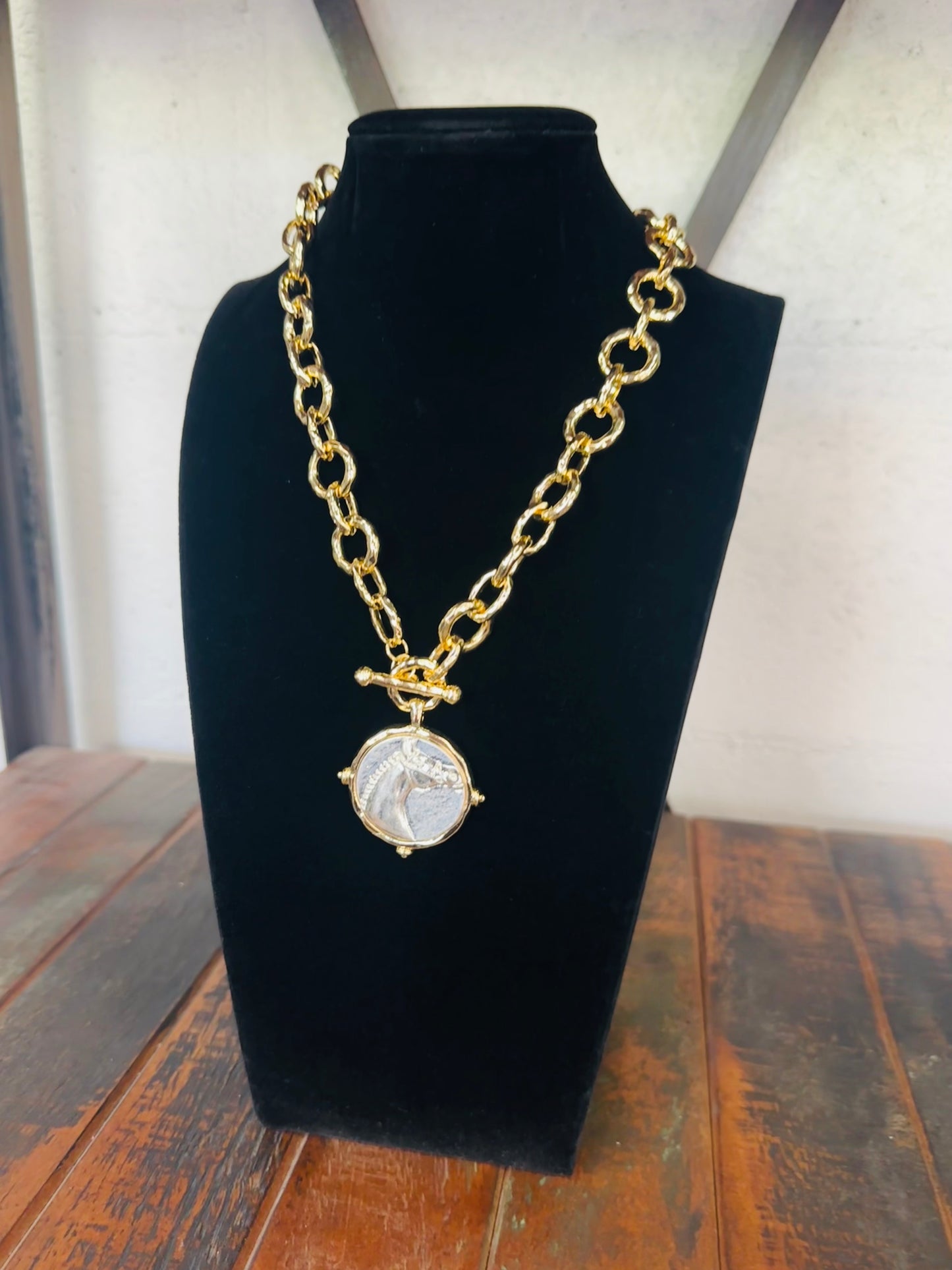 Gold + Silver Horse Round Pendant Necklace