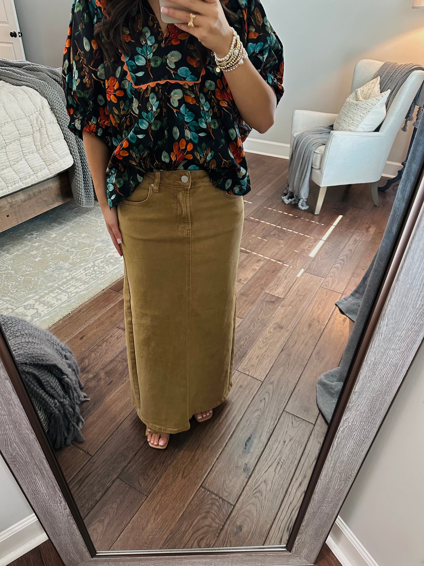 The Mocha High Rise Back Slit Long Denim Skirt
