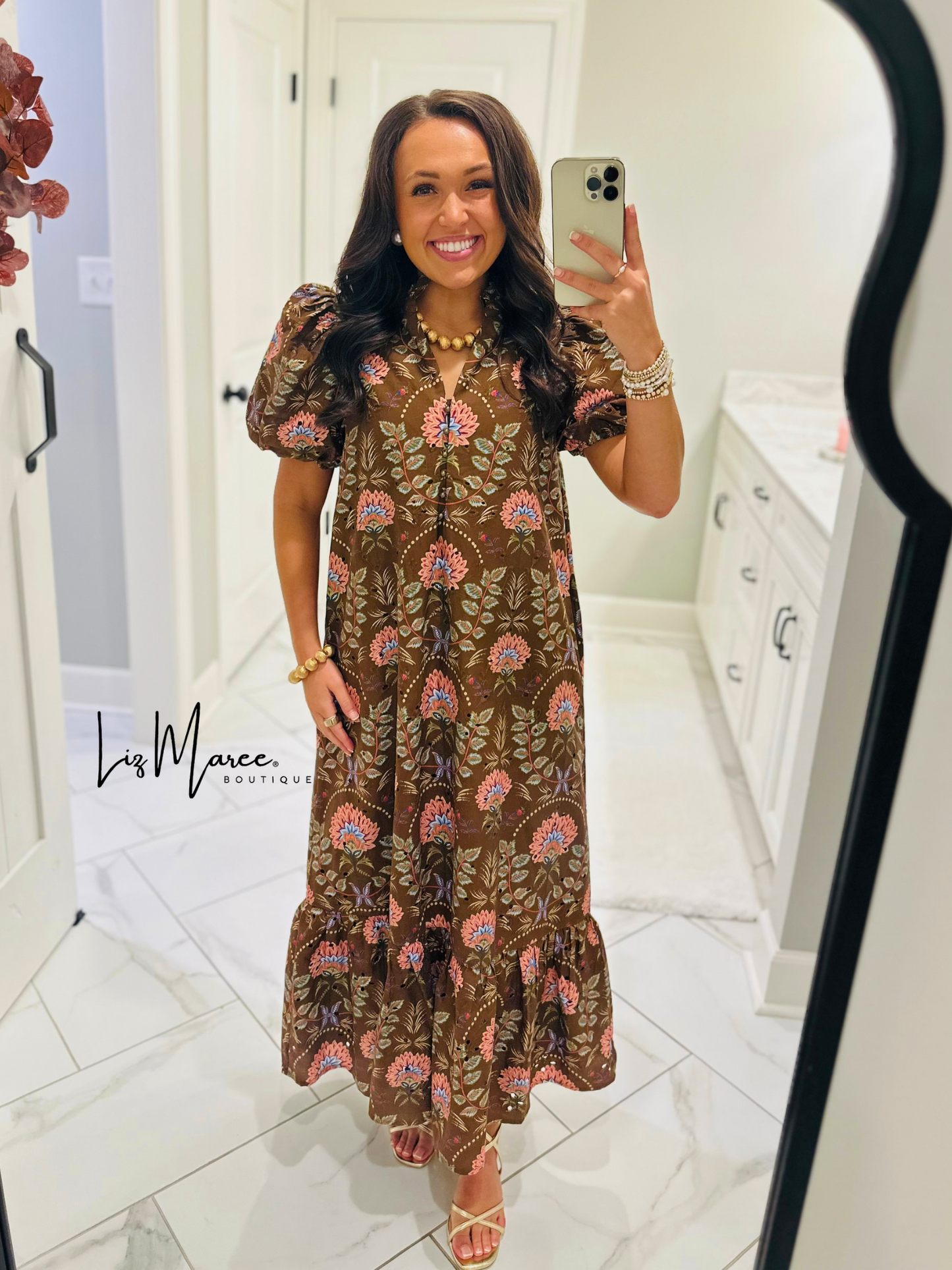 The Katherine Brown Floral Eyelet Midi Dress