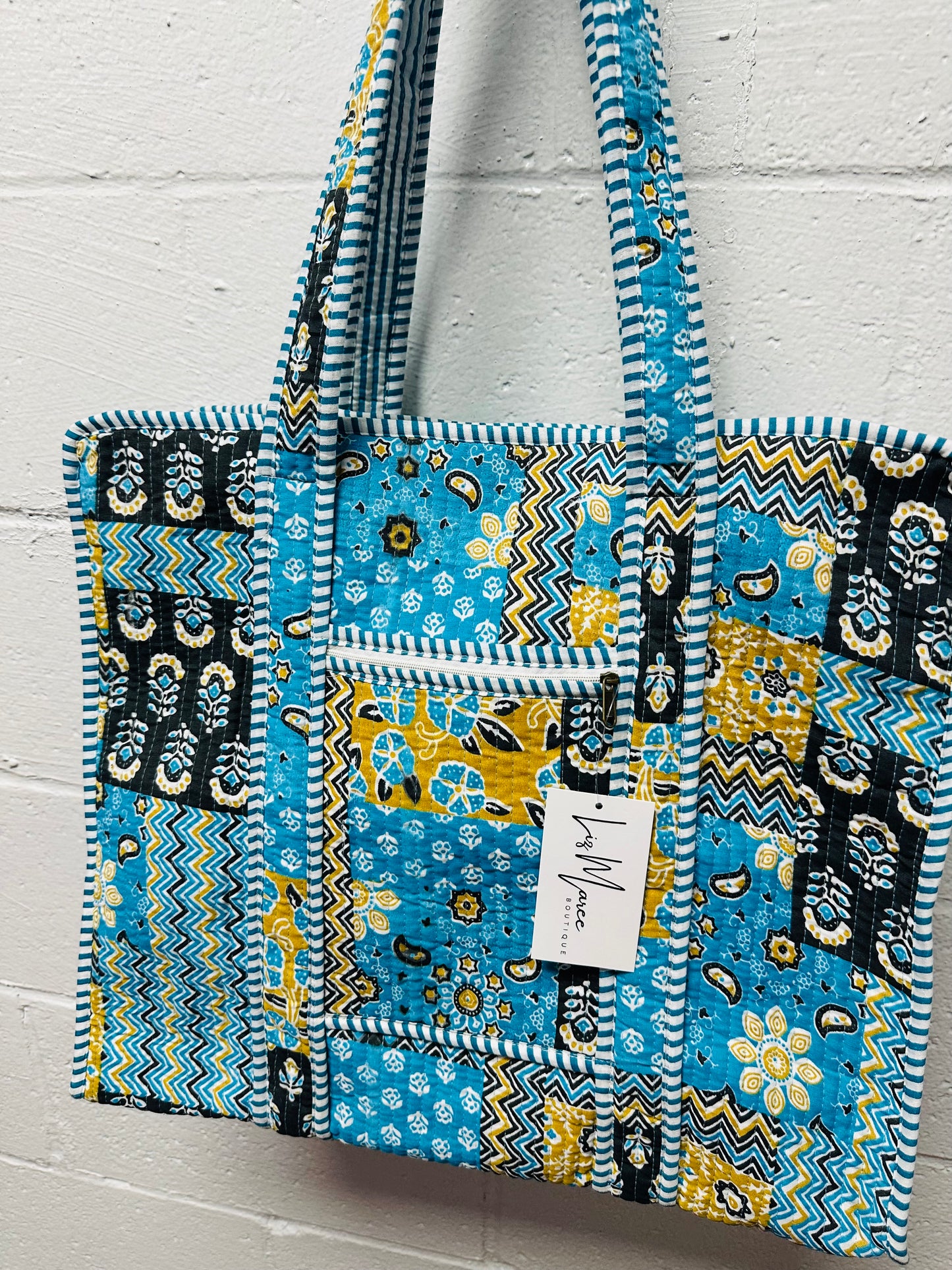 The Blue + Black Multi Pattern Quilted Tote Bag