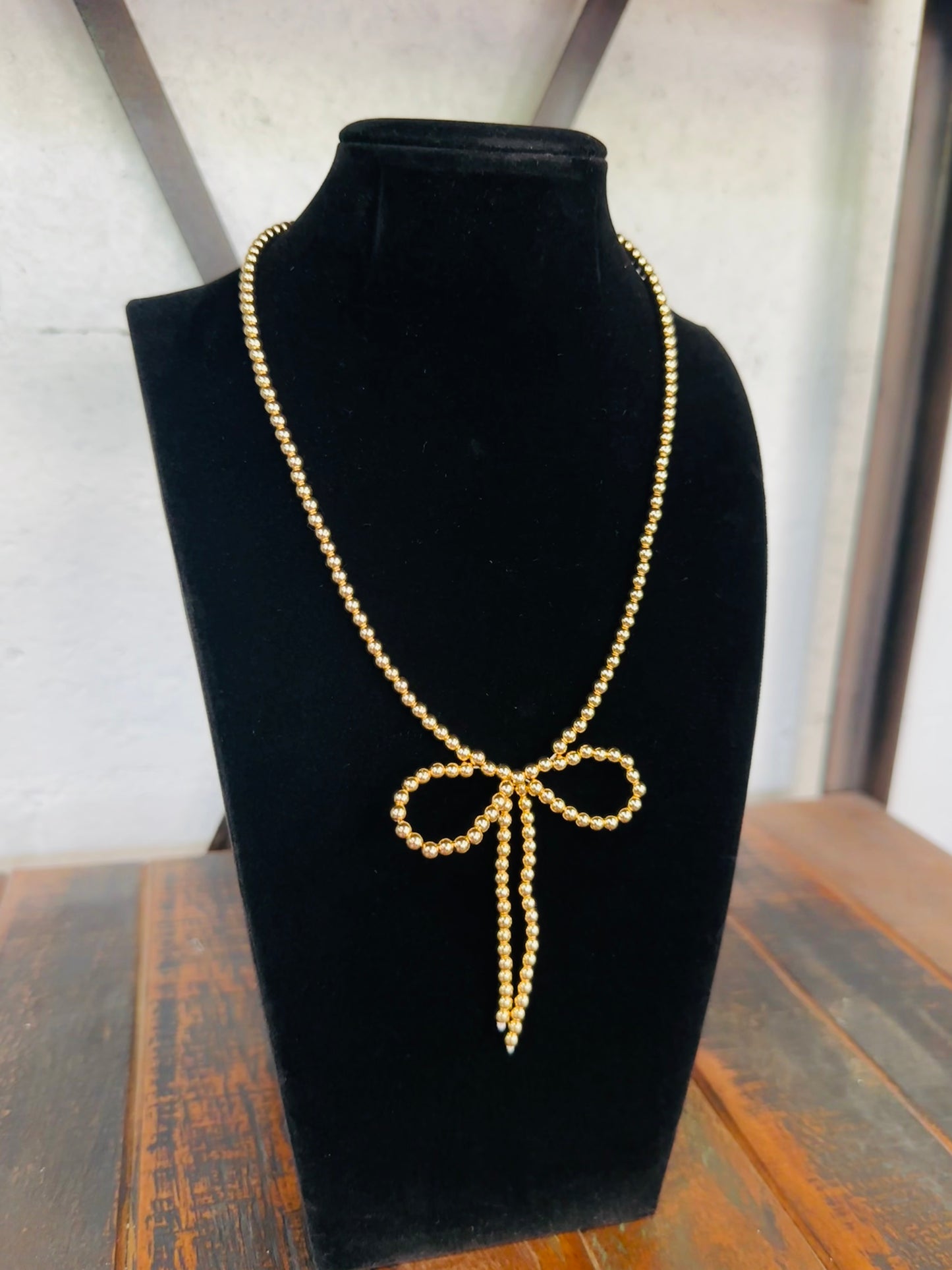 Gold Coquette Bow Beaded Necklace