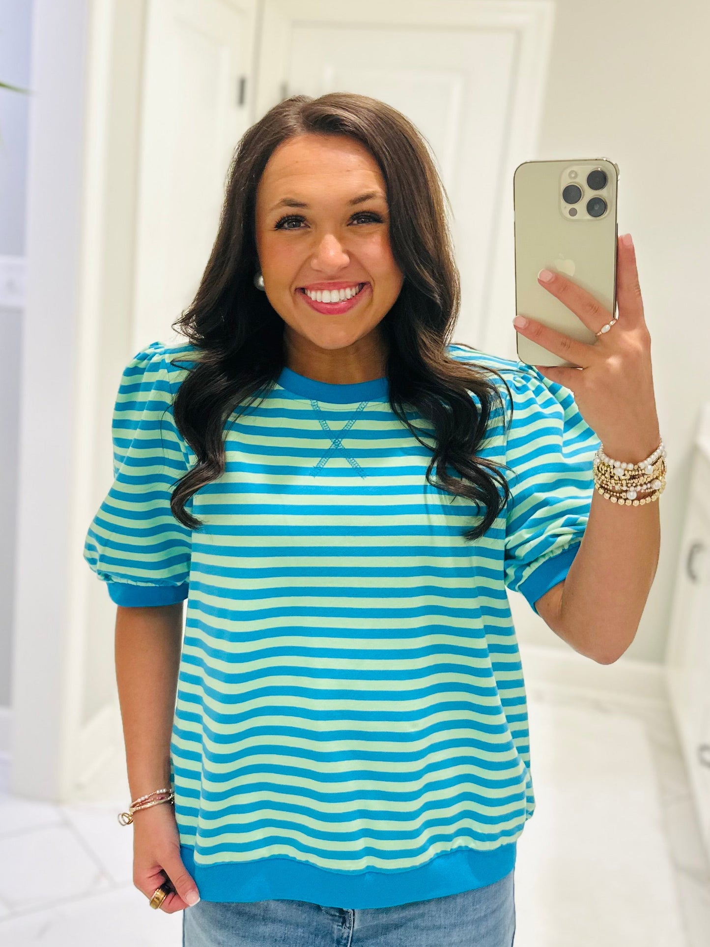 The Summer Blue + Lime Green Striped Puff Sleeve Top