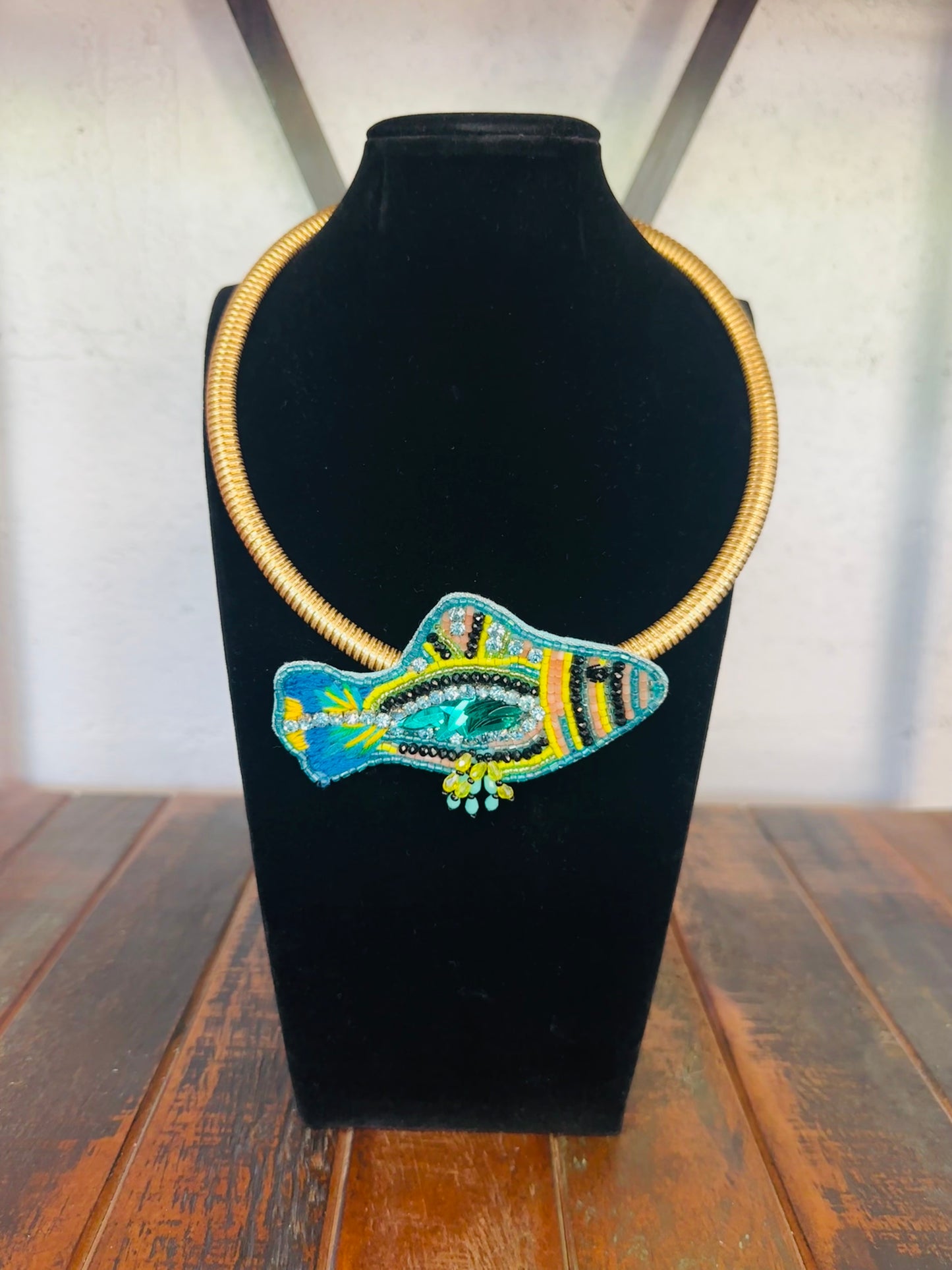 Blue + Green Beaded Fish Collar Necklace