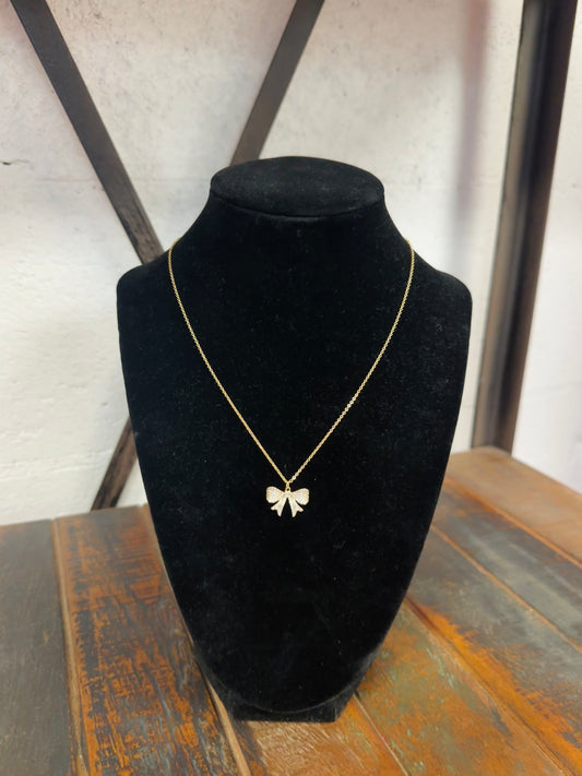 Gold Cubic Zirconia Bow Pendant Necklace