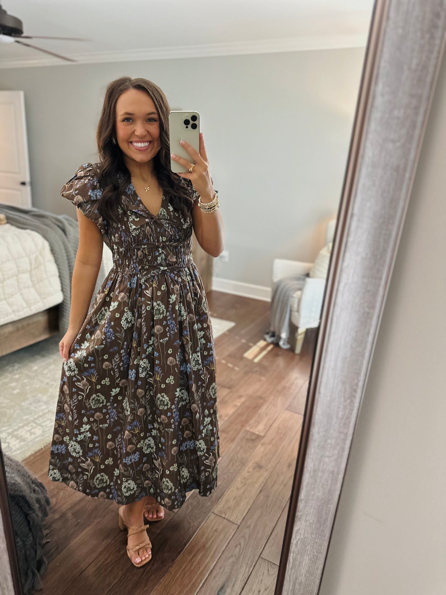 The Stella Brown Floral Bow Front Midi Dress