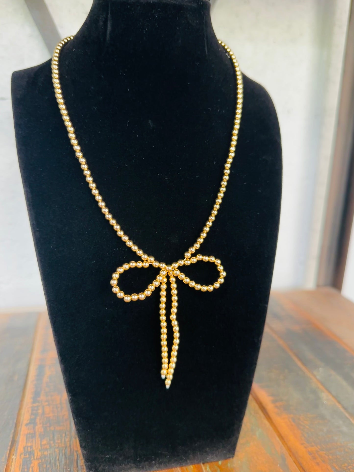 Gold Coquette Bow Beaded Necklace