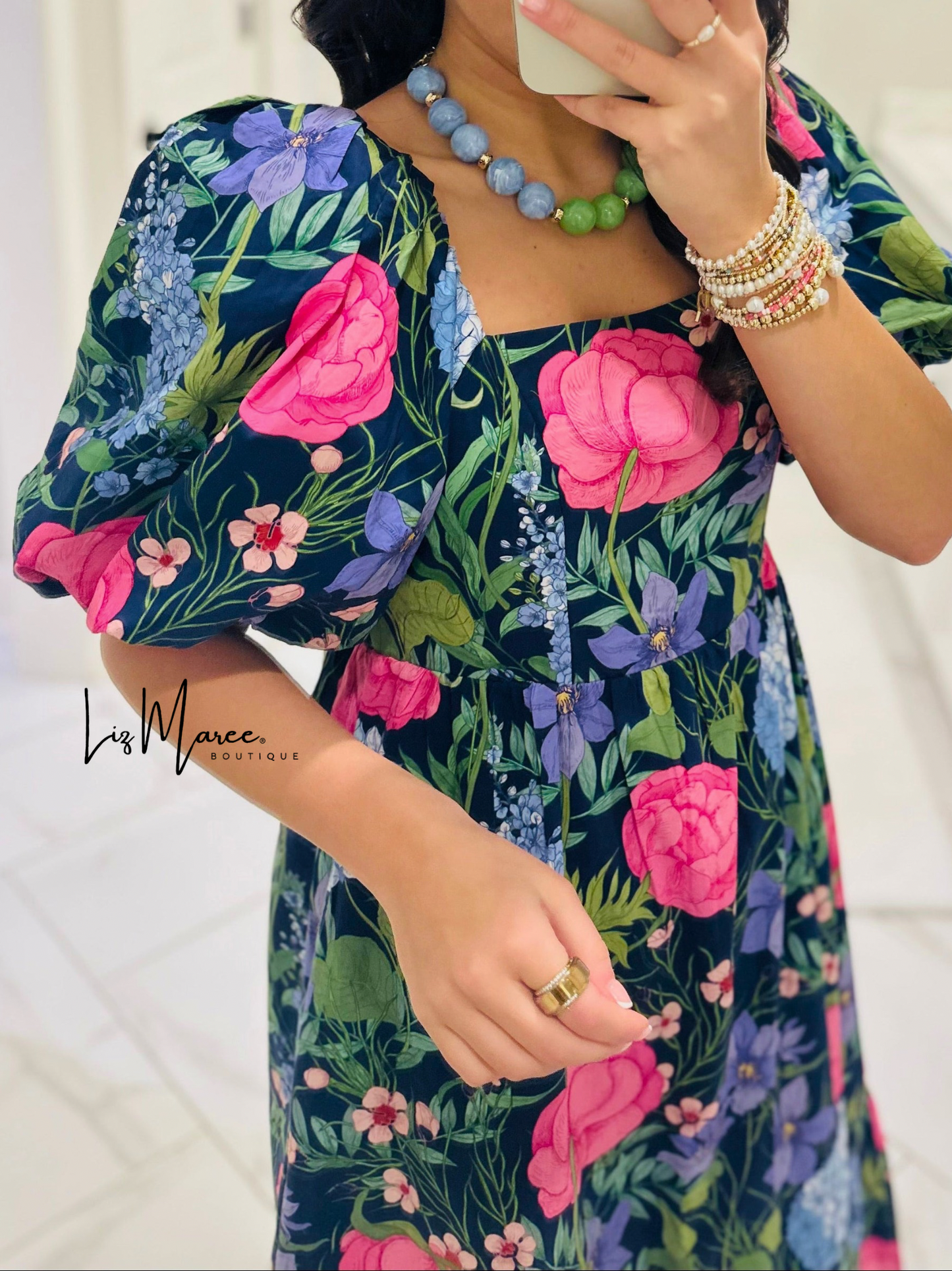 The Danyale Navy Floral Bow Midi Dress