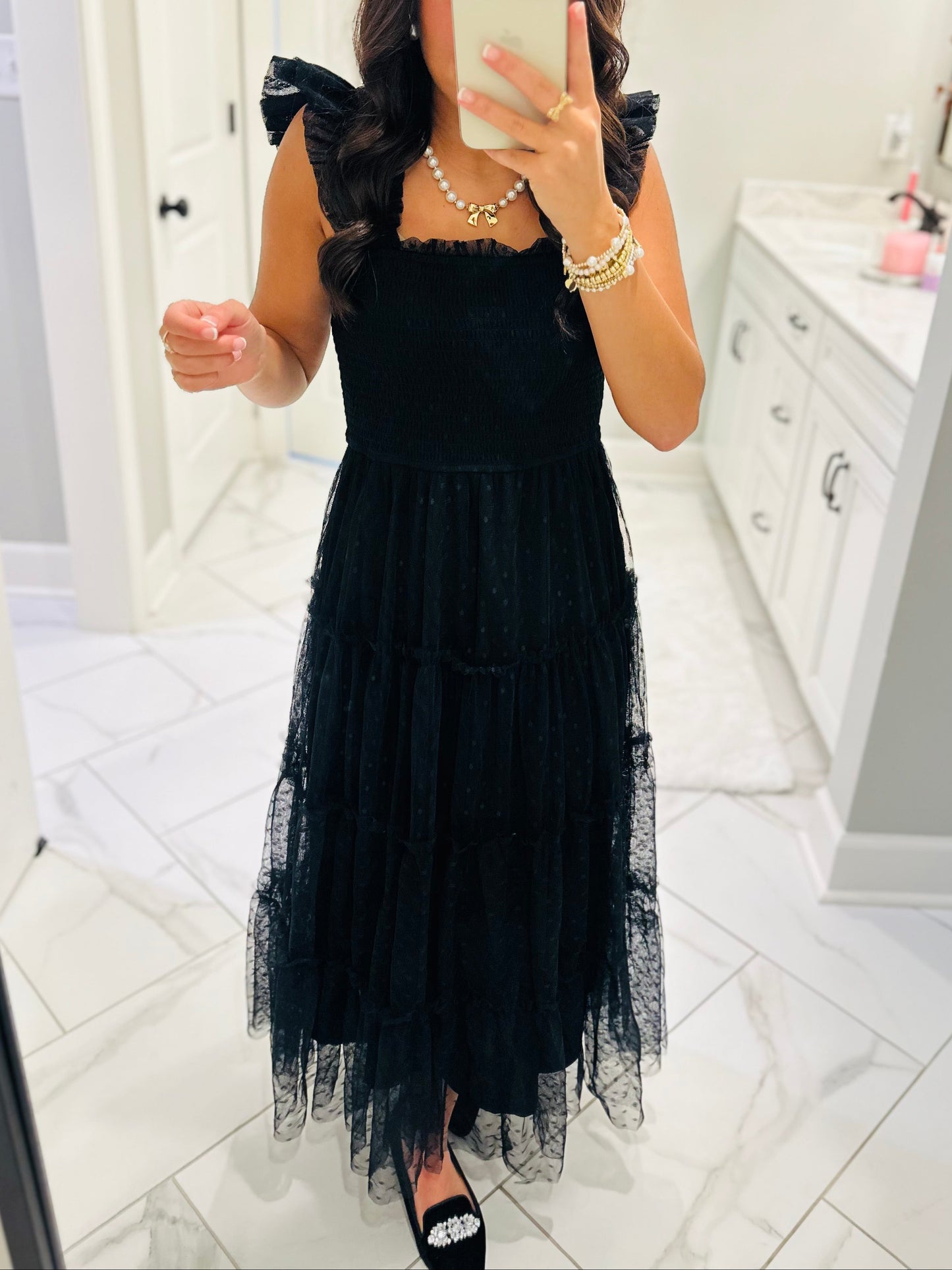 The Noelle Black Polka Dot Chiffon Smocked Midi Dress