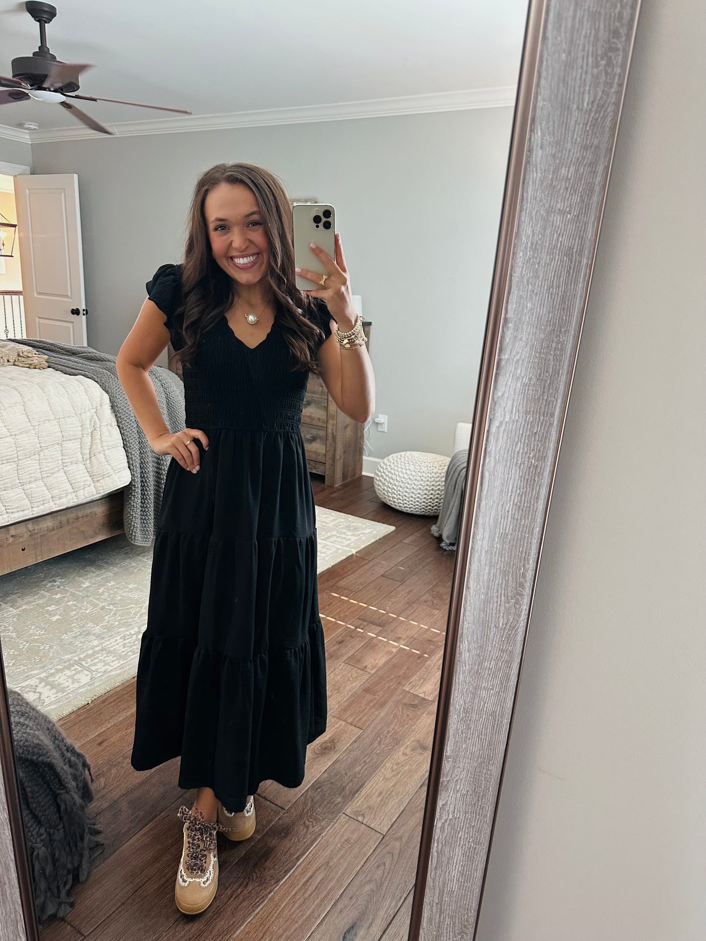 The Maple Black Flutter Sleeve Smocked Midi Dress