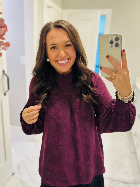 The Ava Plum Floral Jacquard Top