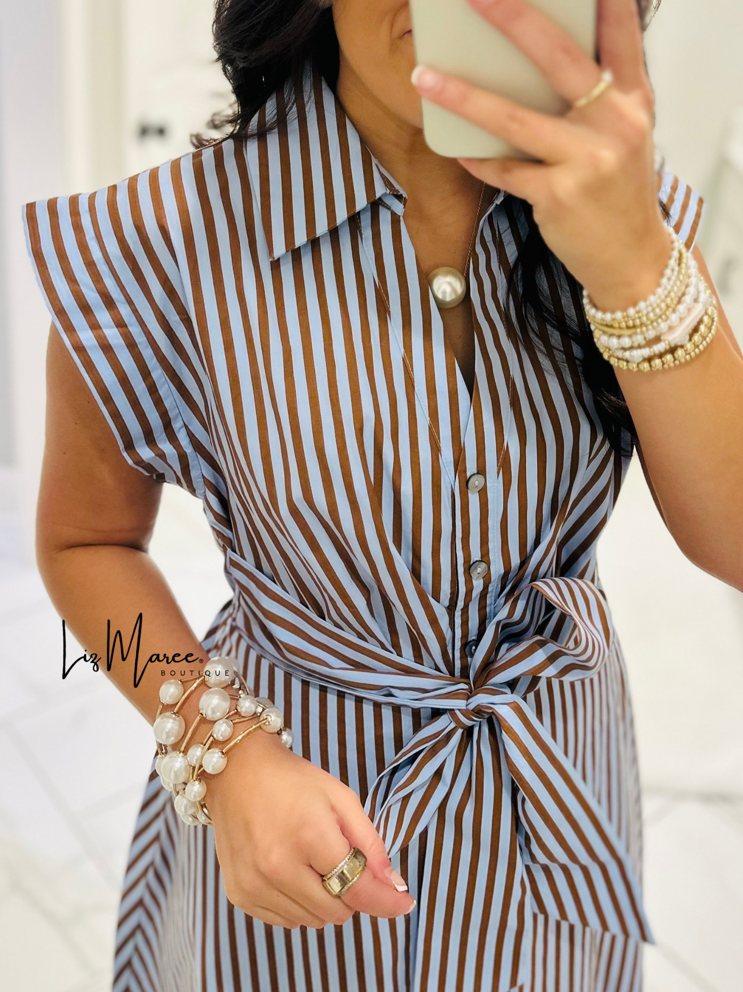 The Charity Blue + Brown Striped Midi Dress
