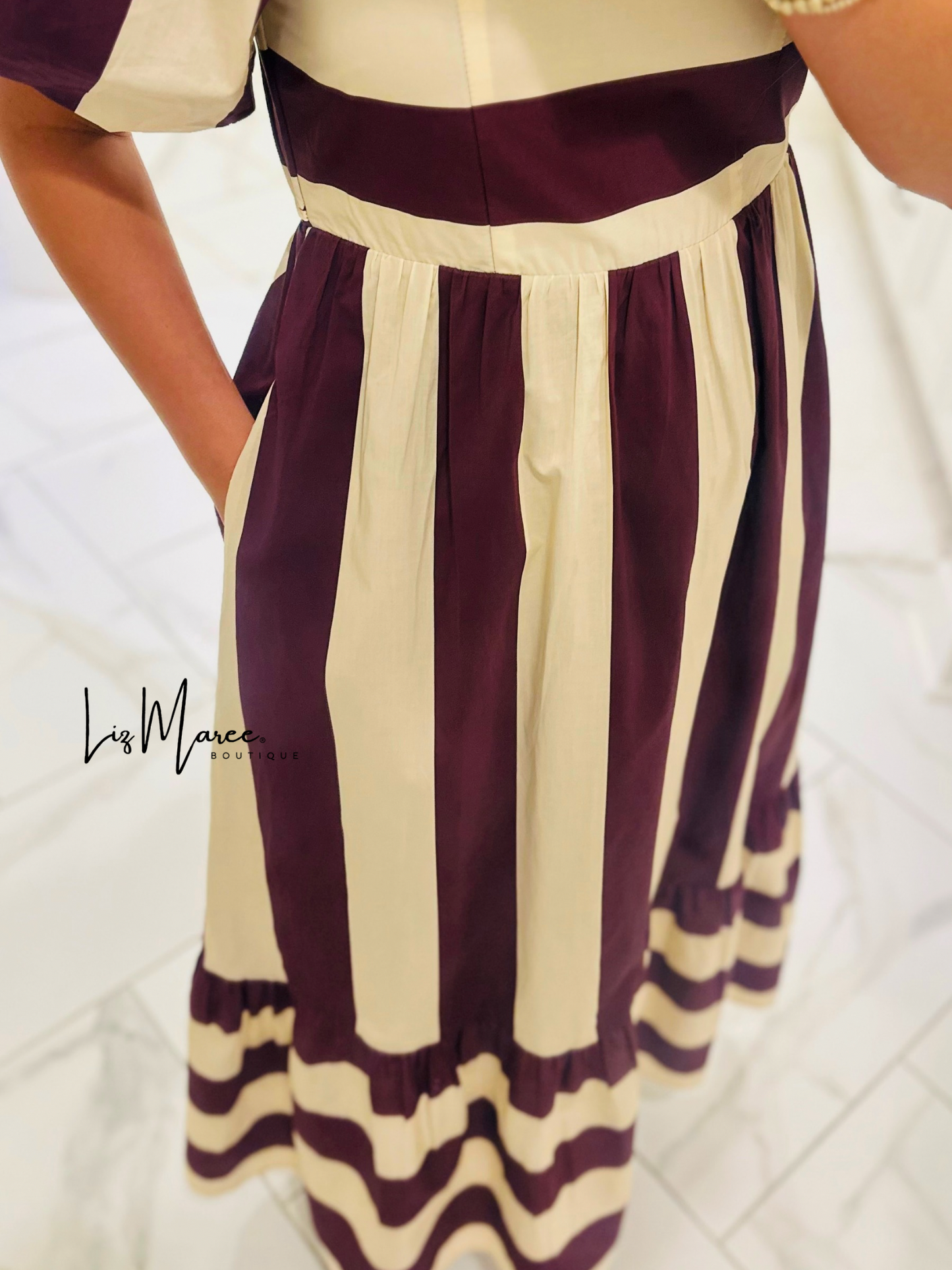 The Danyale Merlot Striped Bow Midi Dress