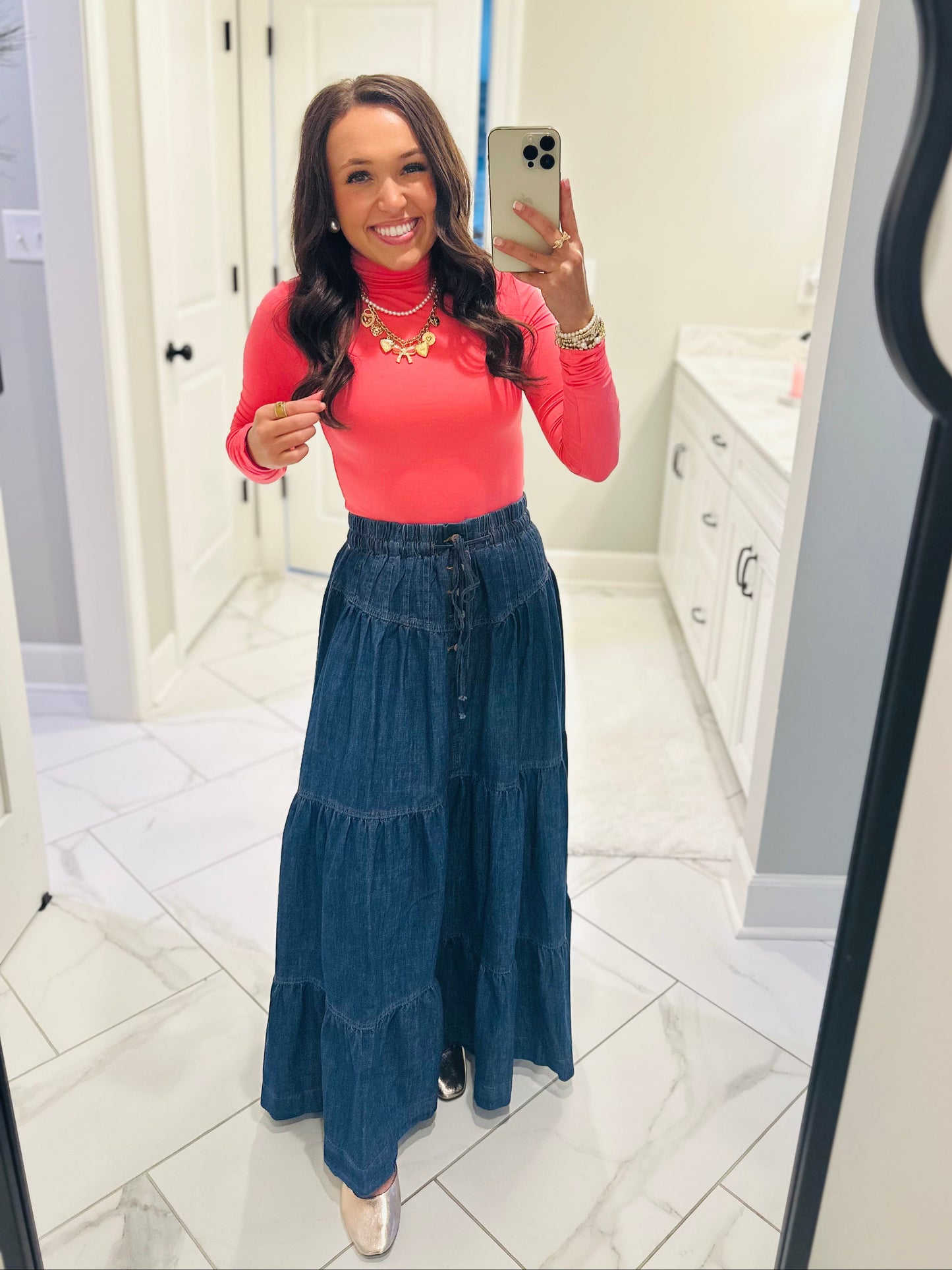 The Mamie Front Button Down Long Denim Skirt