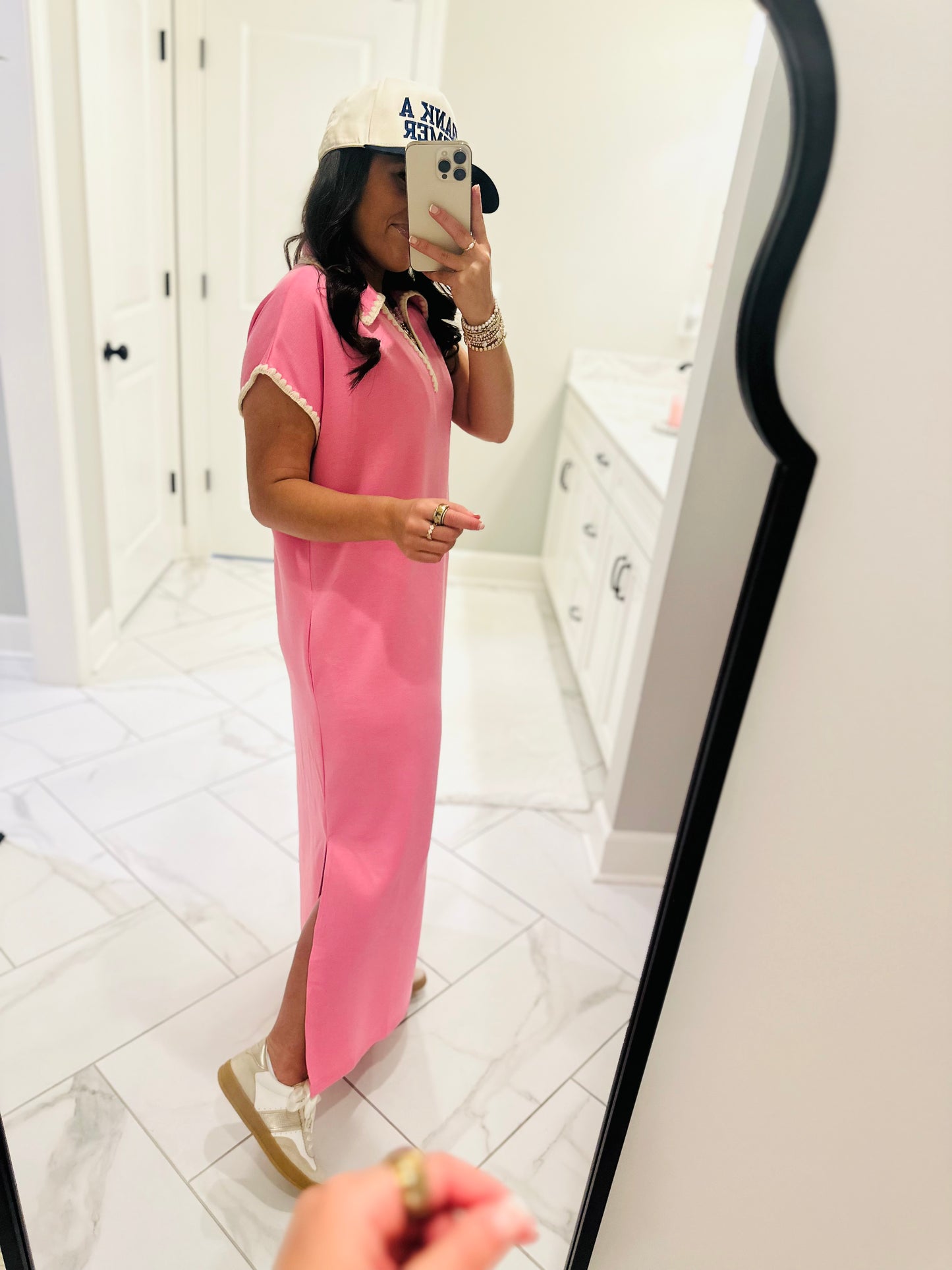 The Sarah Pink Collared Stitch Midi Dress