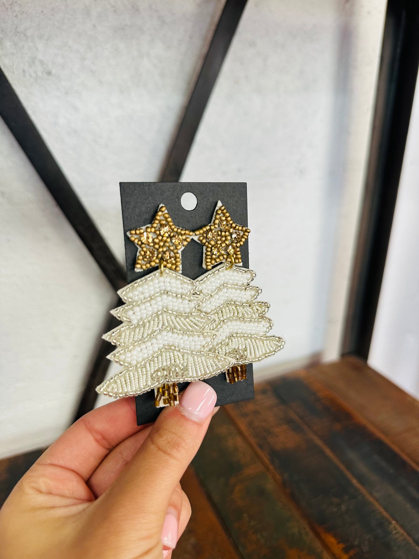 Brown + White Christmas Tree Beaded Earring