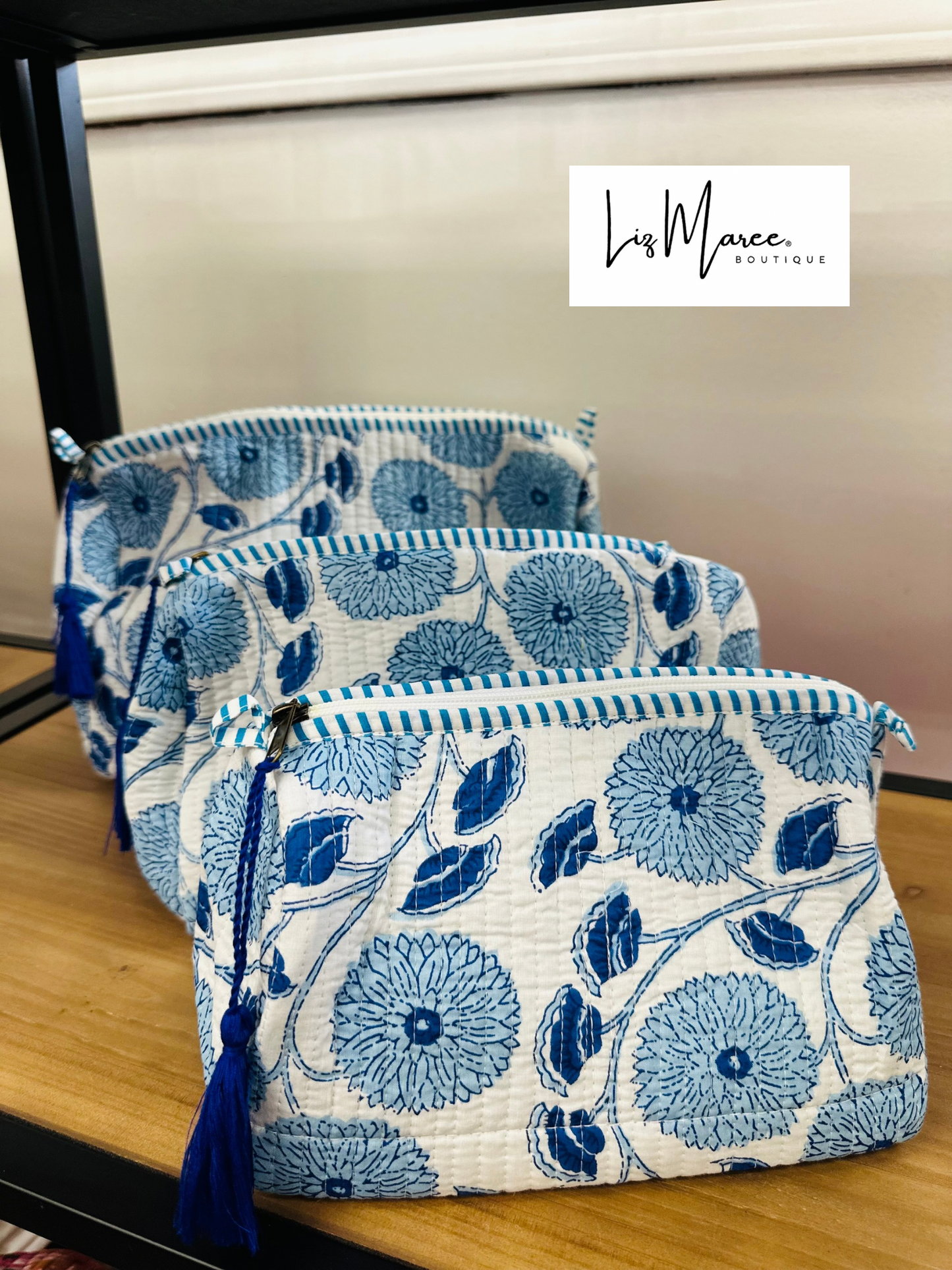 The Blue + White Floral Quilted Cosmetic Bags - Set of 3