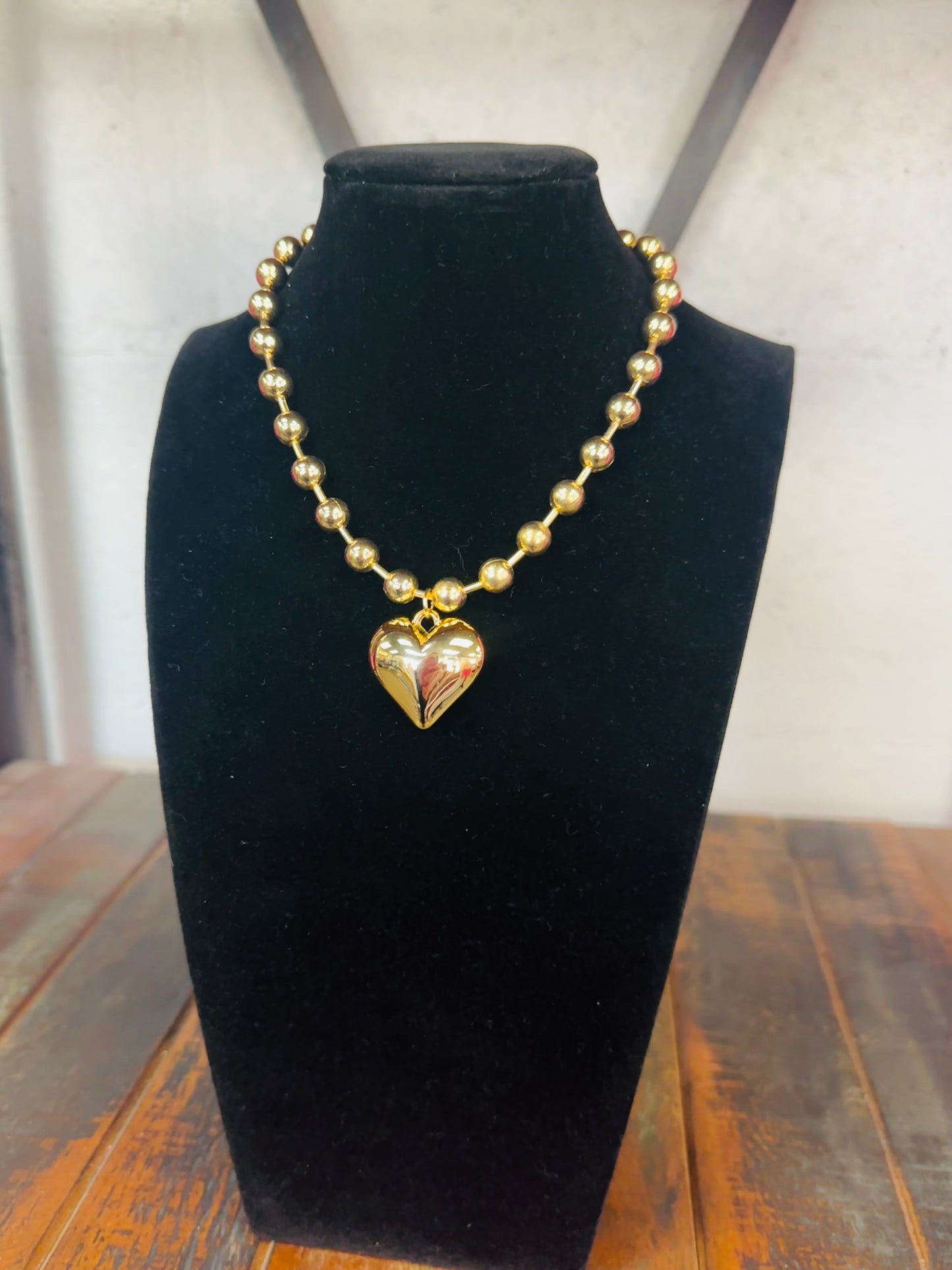 Gold Puffy Heart Beaded Necklace