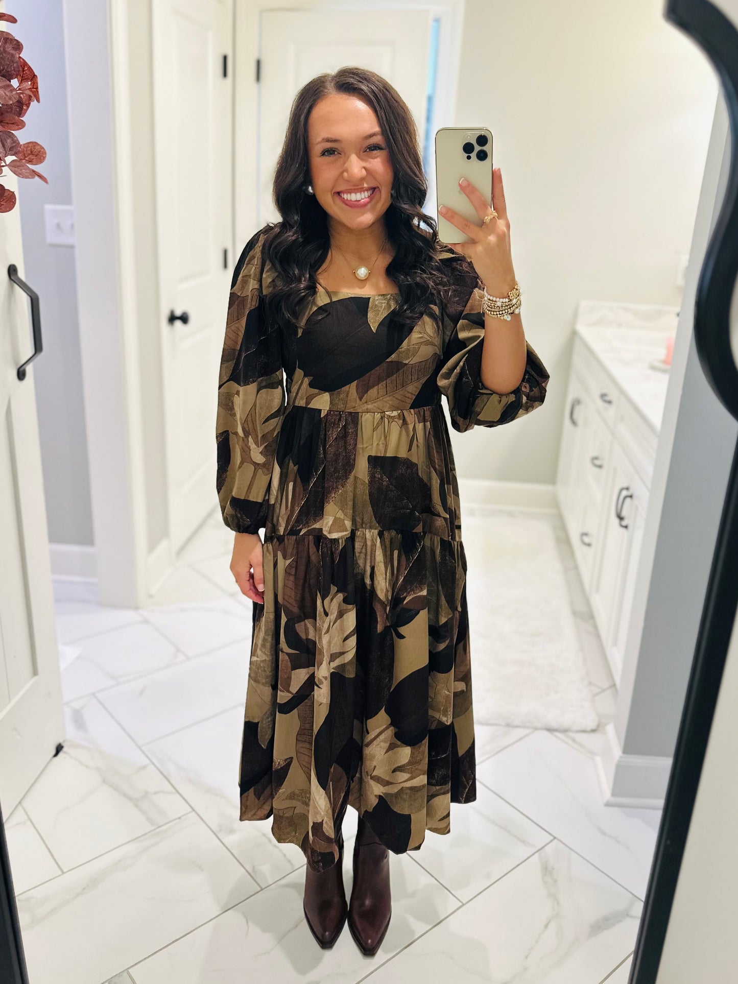 The Loretta Mocha Leaf Midi Dress